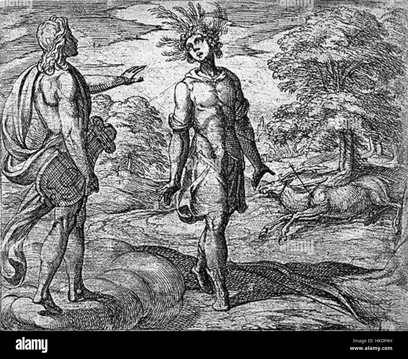 Dieses Kunstwerk erkundet die mythologische Szene von Apollo und dem Flussgott Kiparissos. Apollos tragische Liebesgeschichte mit Kiparissos ist aus der antiken griechischen Mythologie bekannt und wird mit klassischer Eleganz dargestellt, die sich auf die Themen Liebe, Transformation und Verlust konzentriert. Stockfoto