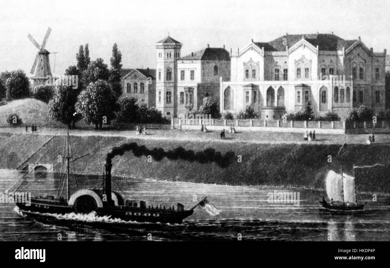 Das Kunstwerk des Bremer Osterdeichs aus dem 19. Jahrhundert zeigt einen historischen Blick auf die Stadt mit traditioneller Architektur und ländlicher Landschaft. Stockfoto