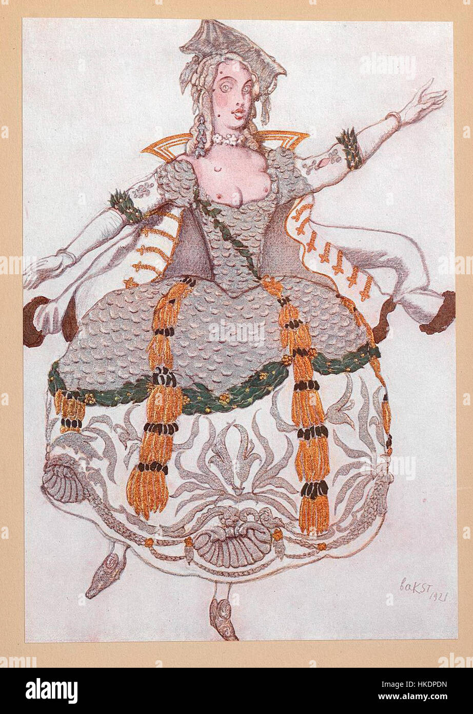 „Dornröschen“ von L. Bakst ist ein berühmtes Bühnenbild für das Ballett mit komplexen Kostümen und märchenhafter Atmosphäre. Baksts Arbeit ist ein bedeutender Beitrag zur Welt des Ballettdesigns und der Kunst. Stockfoto