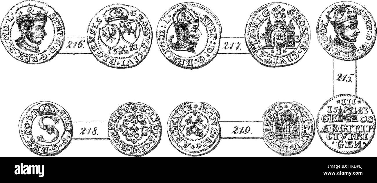 Die „Monety polskie Rygi A“ bezieht sich auf eine Sammlung polnischer Münzen aus der historischen Zeit. Diese Münzen mit Entwürfen aus der polnischen Geschichte repräsentieren das reiche numismatische Erbe des Landes und bieten Einblicke in die wirtschaftliche und politische Landschaft des historischen Polens. Stockfoto