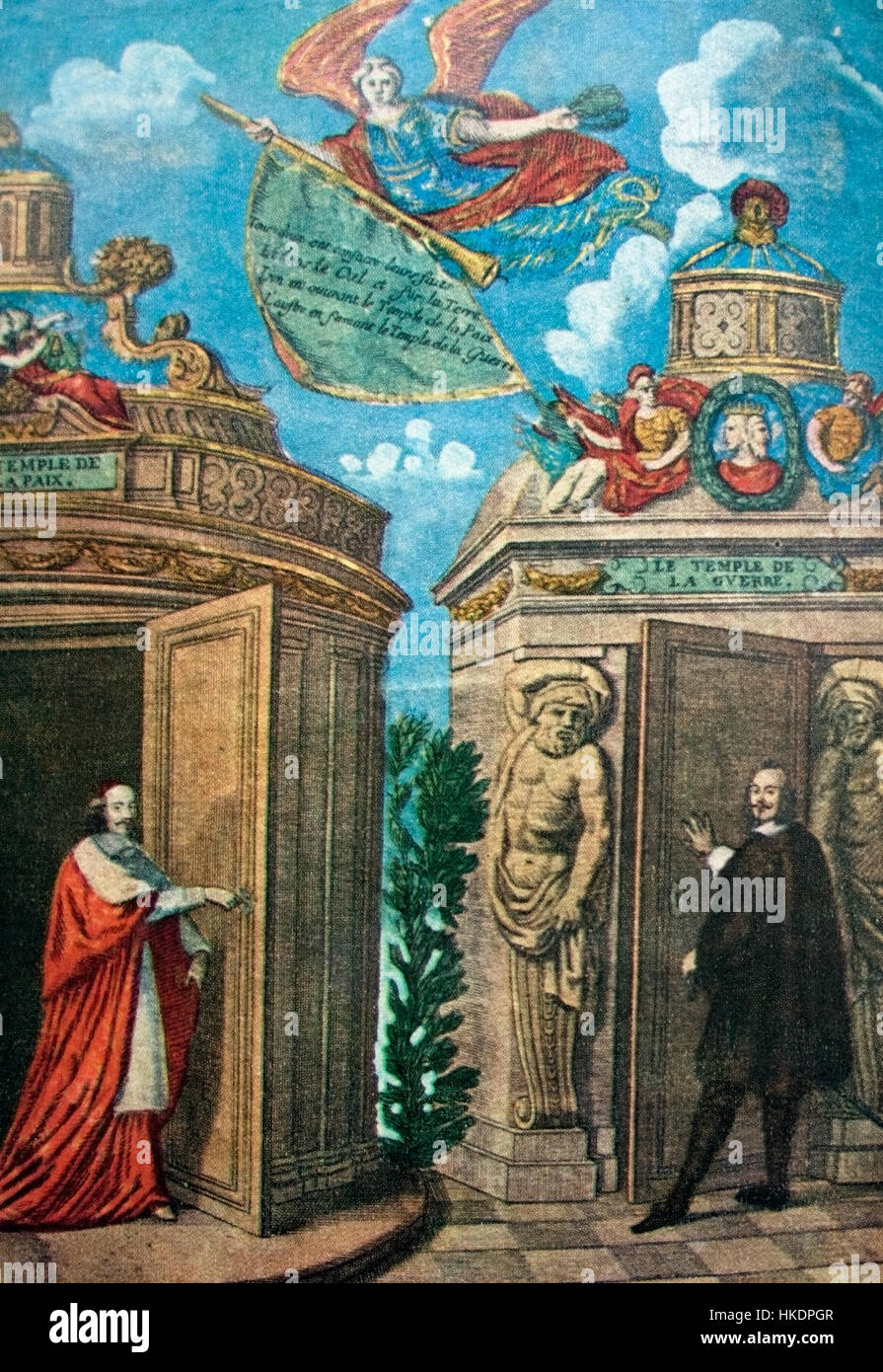 Das Gemälde „Mazarin öffnet den Tempel des Friedens“ zeigt das politische und zeremonielle Ereignis, bei dem Kardinal Mazarin, eine Schlüsselfigur in der französischen Politik des 17. Jahrhunderts, eine zentrale Rolle spielt. Diese historische Szene spielt in einer Zeit von diplomatischer und kultureller Bedeutung in Frankreich. Stockfoto