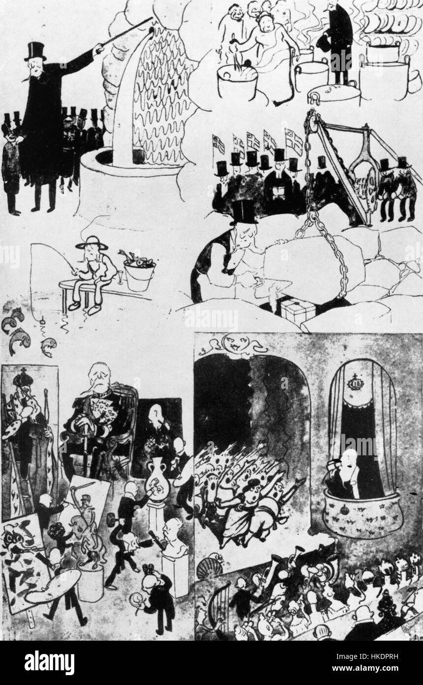 „Kungakarikatyrer“ ist eine Sammlung königlicher Karikaturen, die Humor und Satire miteinander verbindet. Das Kunstwerk kritisiert die königliche Familie mit übertriebenen Merkmalen und lebendiger Komposition, typisch für politische Kunst des frühen 20. Jahrhunderts. Stockfoto