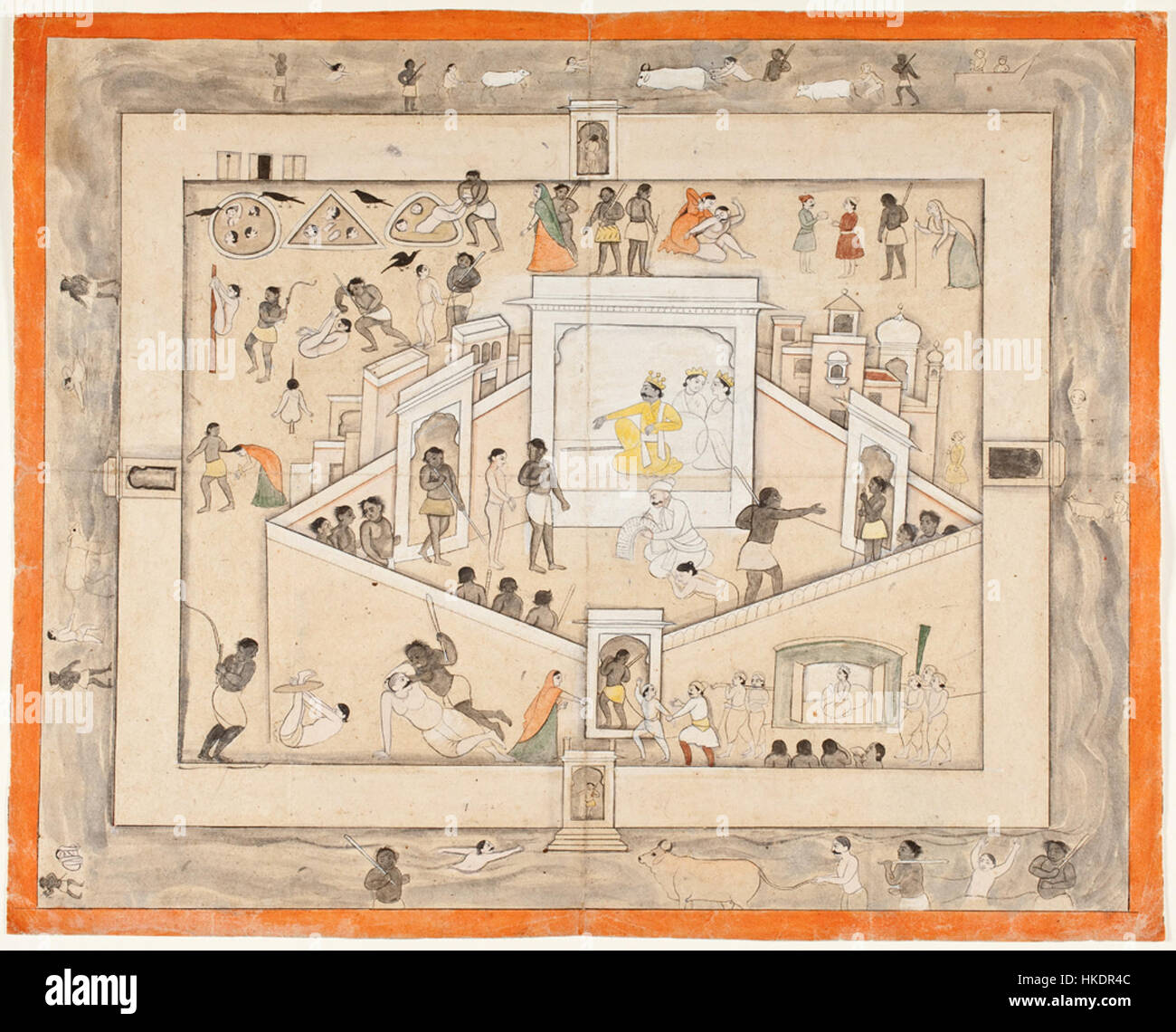 Dieses Kunstwerk zeigt den Hof von Yama, den hinduistischen Gott des Todes, um 1800. Es stellt ein bedeutendes religiöses und kulturelles Thema in der Kunst Süd- und Südostasiens dar, mit einem Schwerpunkt auf dem Jenseits und spirituellem Urteilsvermögen. Stockfoto