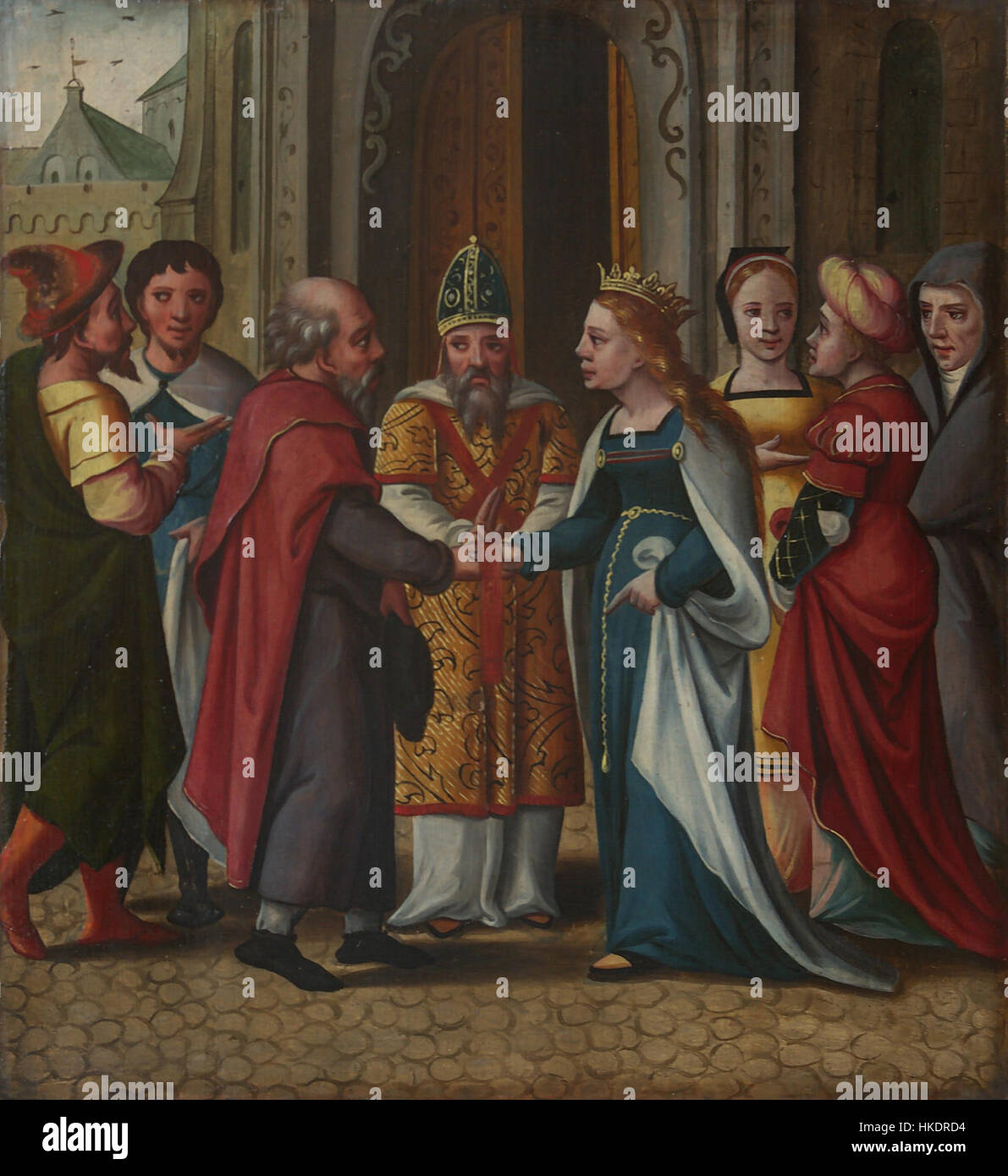 Dieses Kunstwerk zeigt eine detaillierte Szene aus dem Altaraufsatz von Pont-à-Mousson, der von Philippe de Gueldre geschaffen wurde. Das Gemälde bietet einen Einblick in die religiöse Kunst der Renaissance. Stockfoto