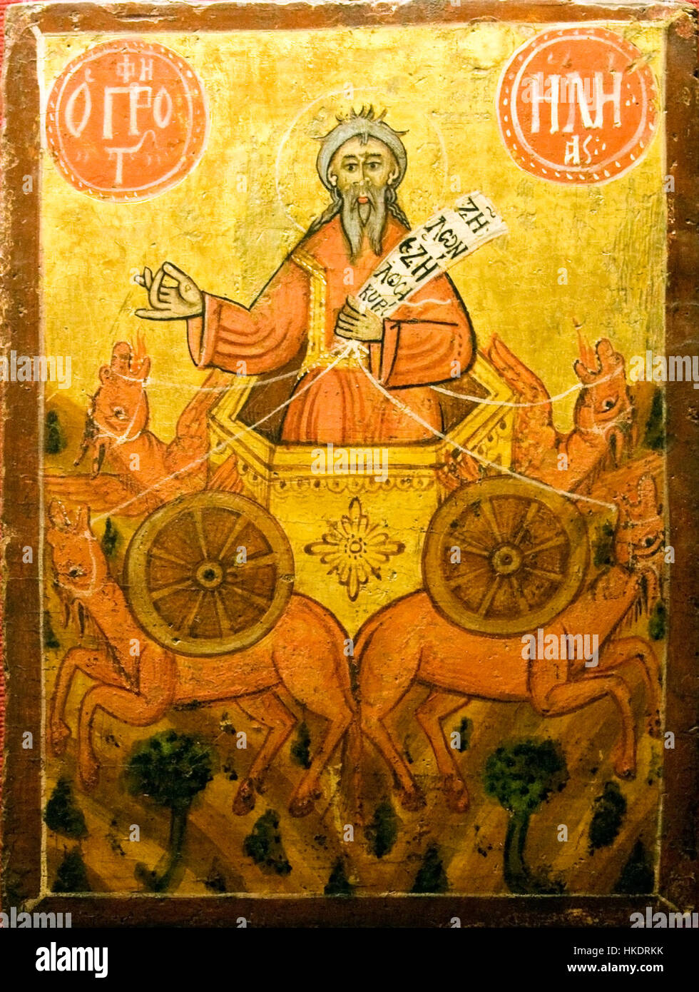 Der Prophet Elia, eine zentrale Gestalt in den abrahamitischen Religionen, ist in einem Gemälde dargestellt, das seine Rolle als Bote und Führer betont und einen Moment göttlicher Inspiration und spiritueller Führung einfängt. Stockfoto
