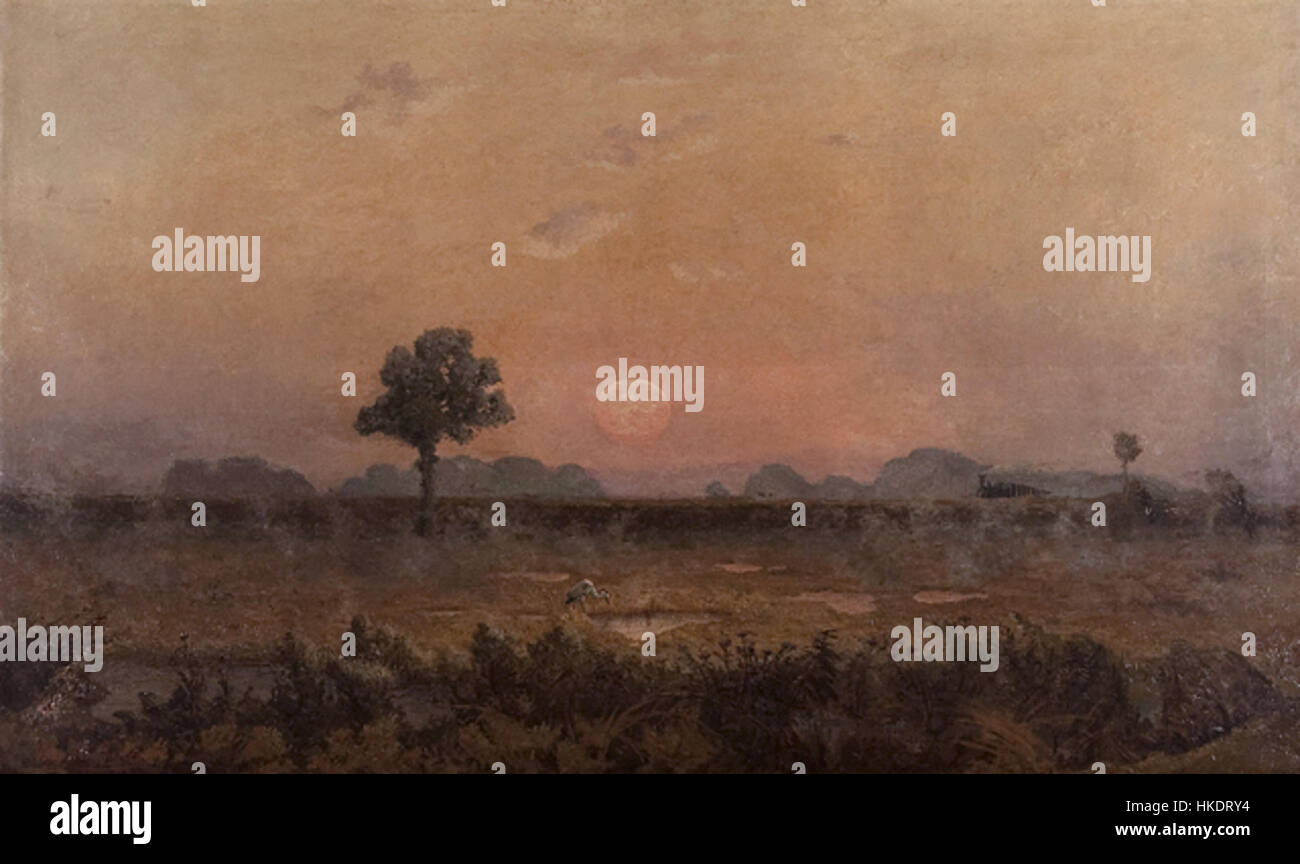 Alphonse Asselbergs' Sunset in the Campine, Belgien, zeigt eine ruhige ländliche Landschaft bei Sonnenuntergang, die die natürliche Schönheit der belgischen Landschaft darstellt. Die warmen Töne des Himmels stehen im Kontrast zu den Erdtönen des Landes und halten einen friedlichen, ruhigen Moment fest. Stockfoto