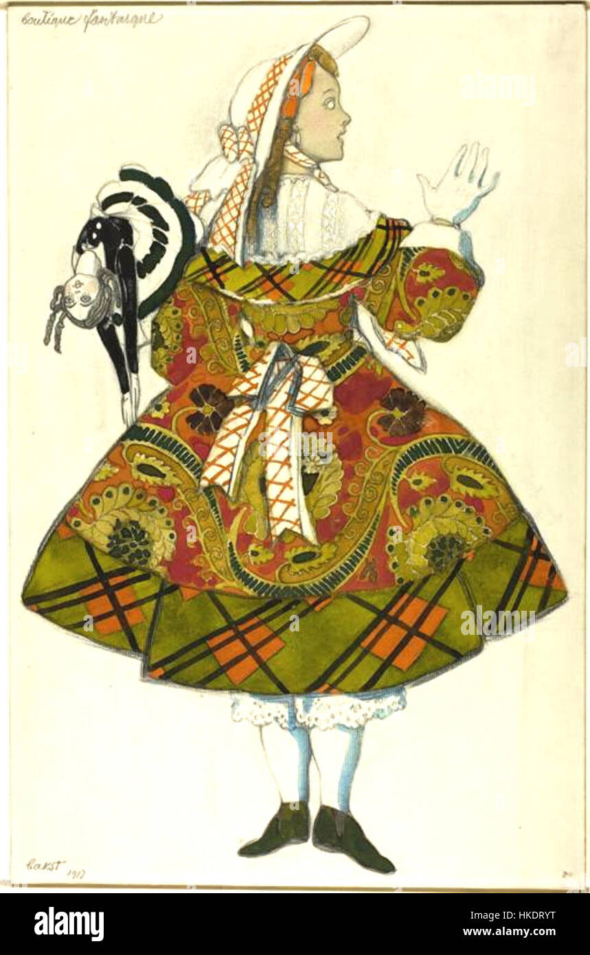 „La Boutique Fantastique“ von Léon Bakst ist ein Theaterdesign aus dem frühen 20. Jahrhundert. Es zeigt Baksts unverwechselbaren Stil, der lebendige Farben und dynamische Formen vereint, die charakteristisch für das russische Ballett- und Bühnendesign sind. Stockfoto