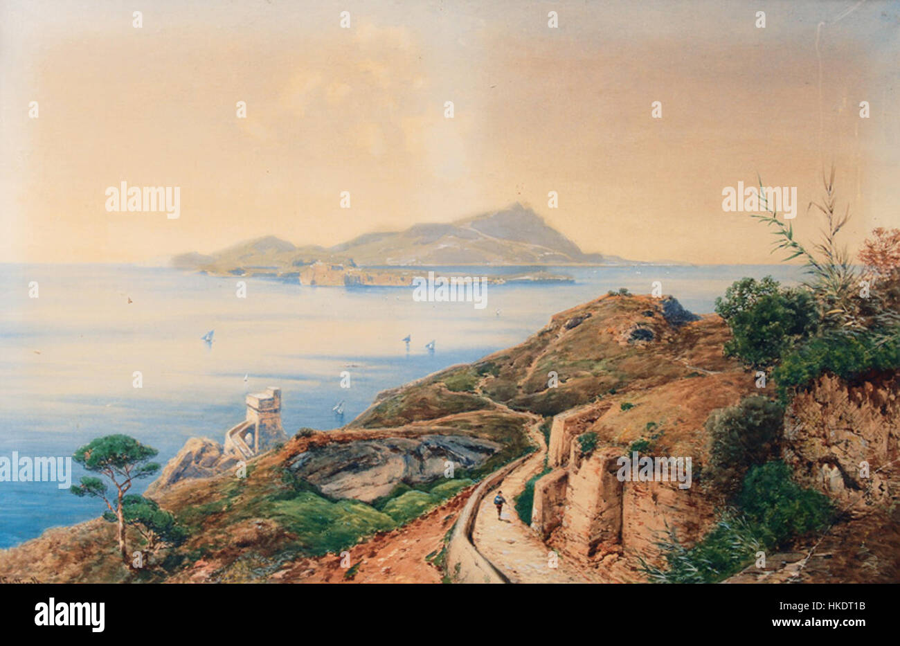 „Blick auf Capri“ von Ascan Lutteroth ist ein Ölgemälde, das einen malerischen Blick auf die Insel Capri in Italien zeigt. Das Kunstwerk zeigt die natürliche Schönheit der Insel mit lebhaften Farben und einer detaillierten Landschaft. Stockfoto