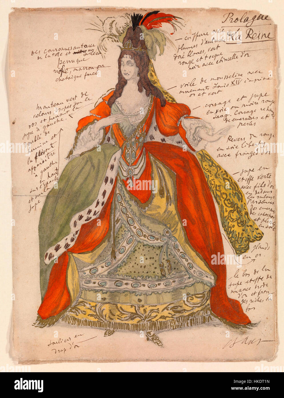 Ein Design für *Dornröschen* von Léon Bakst, das sein kultiges Kostüm und Set-Design für das Ballett zeigt. Dieses Kunstwerk spiegelt den künstlerischen Stil des russischen Balletts während des frühen 20. Jahrhunderts wider, mit kräftigen Farben und komplizierten Mustern. Stockfoto