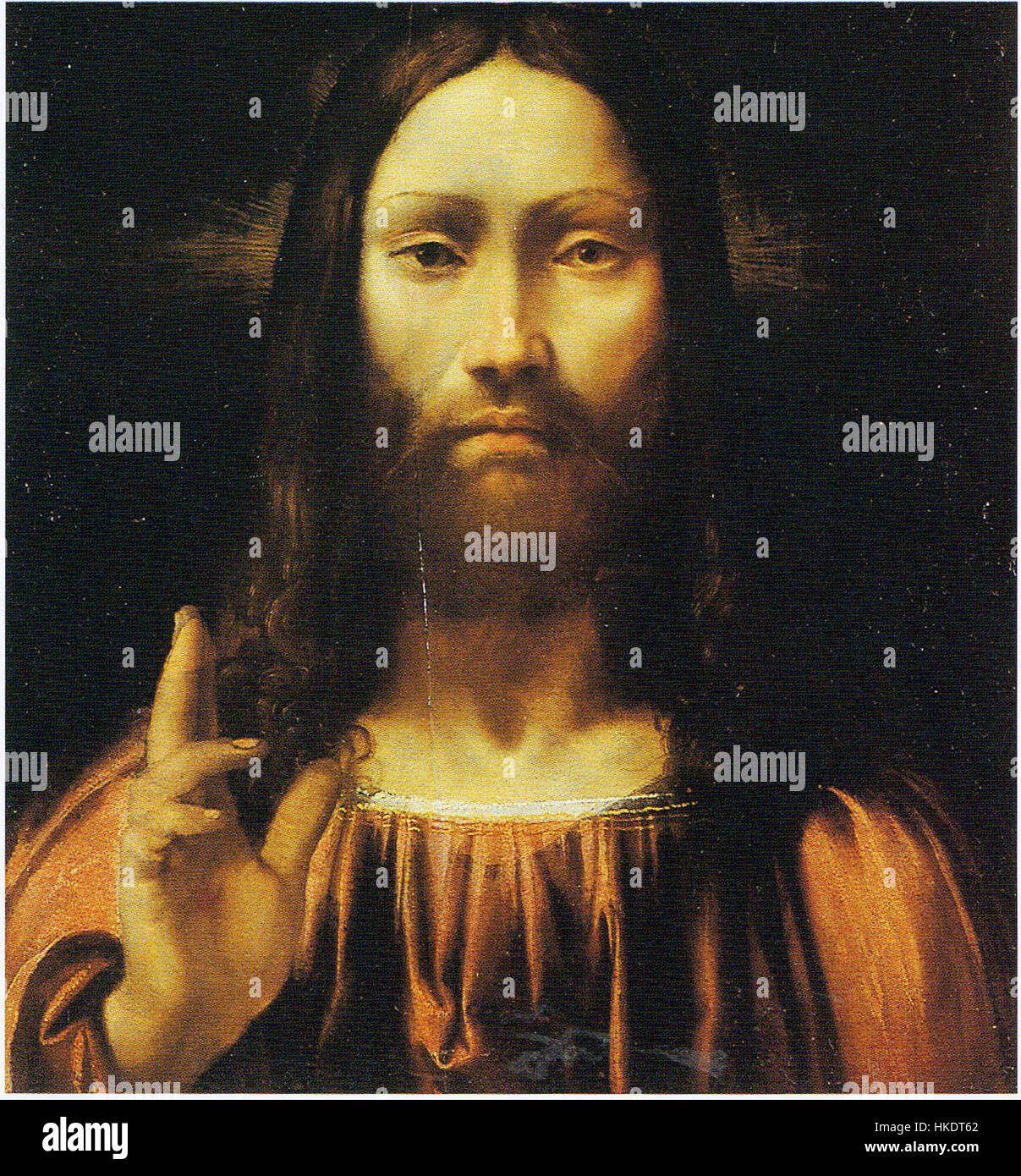 Das Gemälde „Cristo benedicente“ (Christus segnen), das der Schule von Piazza zugeschrieben wird, zeigt Christus in einem Moment des Segens. Das Kunstwerk zeichnet sich durch seinen religiösen Symbolismus und die heitere Darstellung Christi aus. Stockfoto