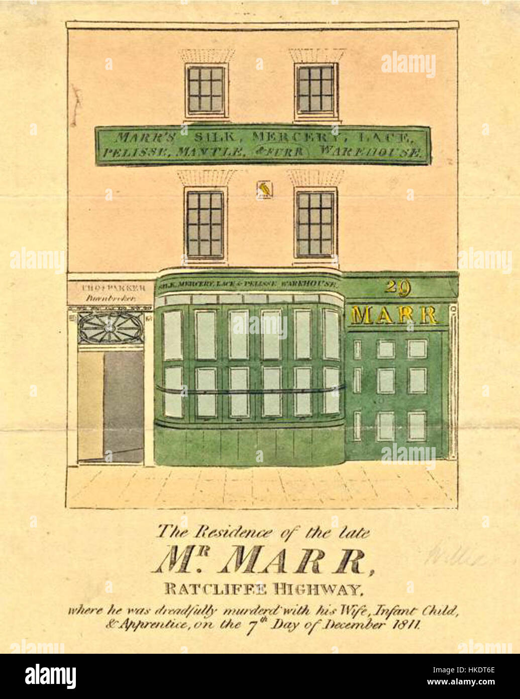 Diese Skizze aus einer historischen Zeitung zeigt das Geschäft und die Residenz von Marr Mercer, die mit den berüchtigten Morden am Ratcliff Highway in Verbindung stehen. Das Bild zeigt den Tatort und ist Teil der historischen Dokumentation der Londoner Morde im 19. Jahrhundert. Stockfoto