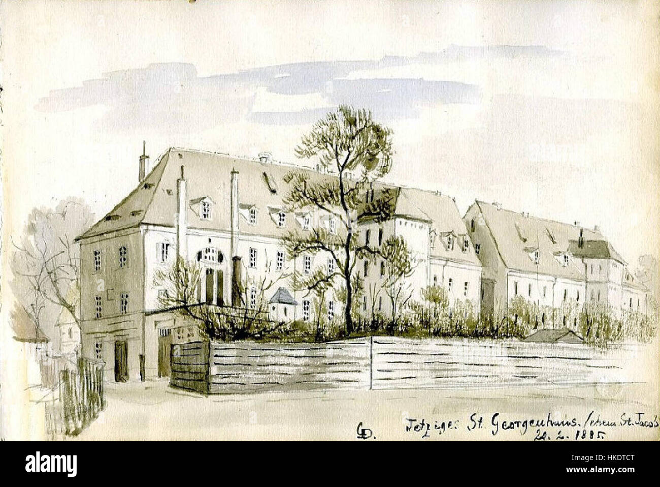 Ein Gemälde des St. Georgenhauses in Leipzig, entstanden 1885. Das Kunstwerk fängt die historische Architektur dieses Gebäudes ein und zeigt den Designstil des späten 19. Jahrhunderts in Deutschland. Stockfoto