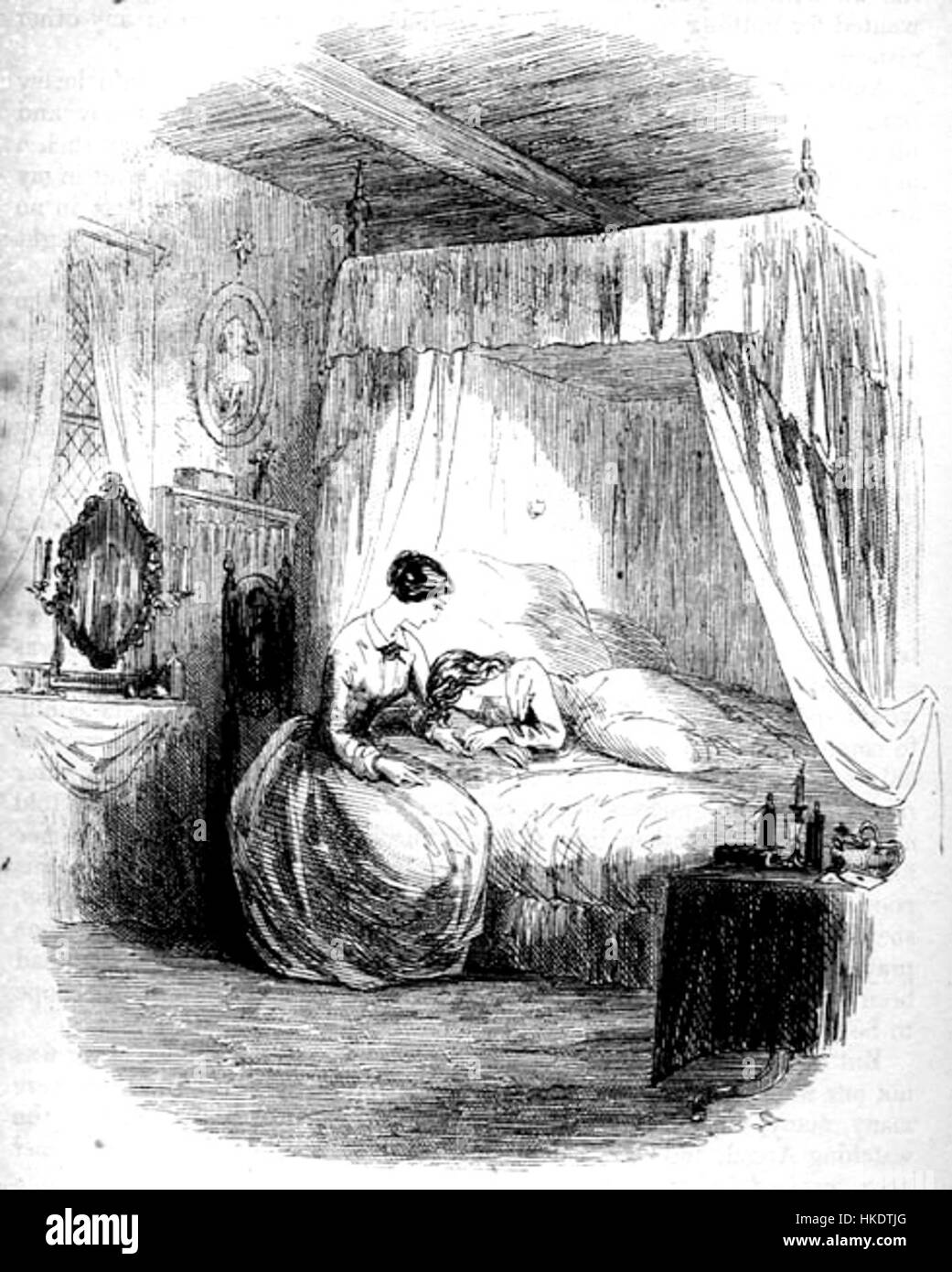 Dieses Gemälde veranschaulicht einen Moment der Pflege zwischen einer Krankenschwester und ihrem Patienten und betont das Mitgefühl und die Hingabe, die dem Pflegeberuf innewohnt. Die Verwendung von Licht und Schatten durch den Künstler unterstreicht die intime und professionelle Beziehung. Stockfoto