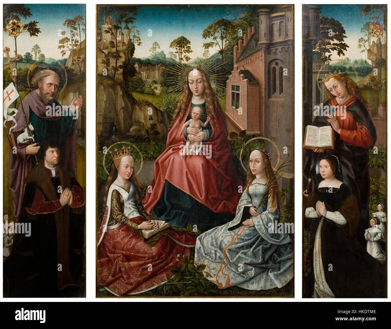 Ein Kunstwerk, das dem Meister der Hl. Anna zugeschrieben wird und die Madonna und das Kind neben Heiligen und Spendern darstellt und religiöse Themen in der Kunst der Frührenaissance zeigt. Stockfoto