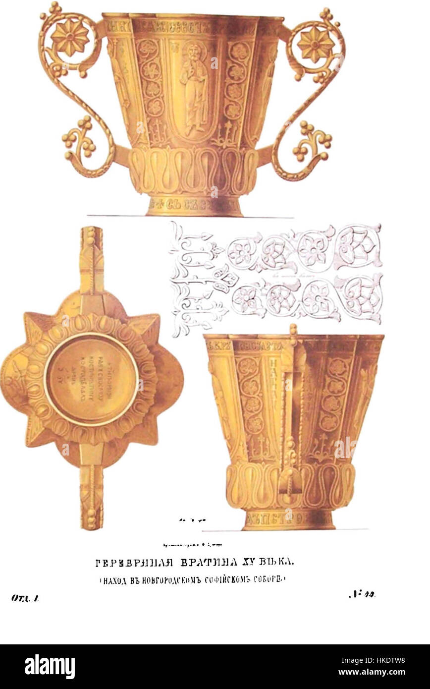 Diese Illustration, „Drevnosti RG v1 ill045“, ist ein historisches Kunstwerk, das antike Artefakte darstellt. Das Stück konzentriert sich auf die detaillierte Darstellung von Objekten aus einer vergangenen Zivilisation, die sowohl Kunst- als auch Kulturgeschichte widerspiegeln. Stockfoto