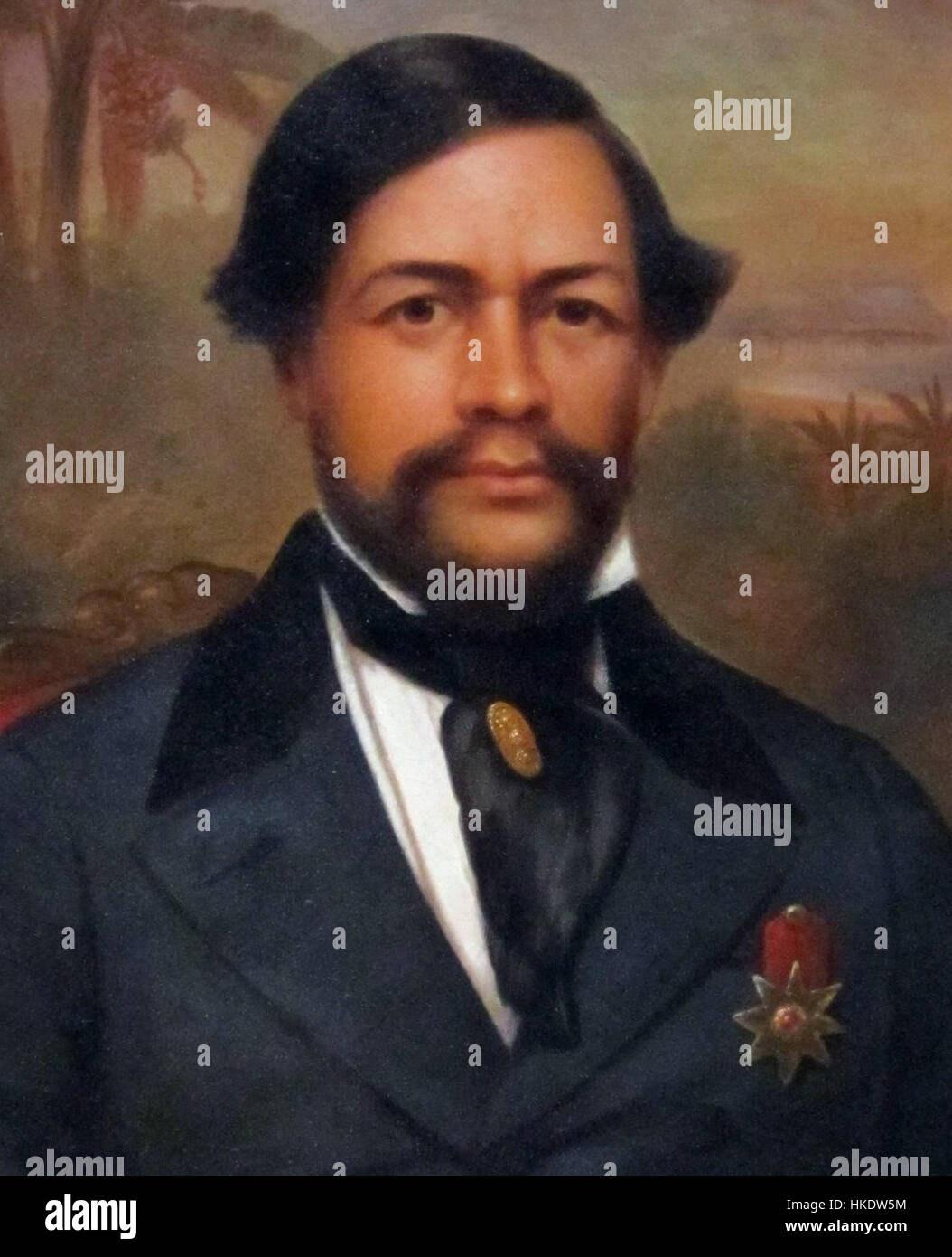 Dieses Kunstwerk stellt Kamehameha III. Dar, den dritten Monarchen des Königreichs Hawaii. Seine Herrschaft markierte eine Periode bedeutender politischer Reformen und Modernisierungen in Hawaii. Kamehameha III. Spielte eine entscheidende Rolle bei der Umgestaltung des Königreichs im 19. Jahrhundert, insbesondere durch die Errichtung einer konstitutionellen Monarchie. Stockfoto