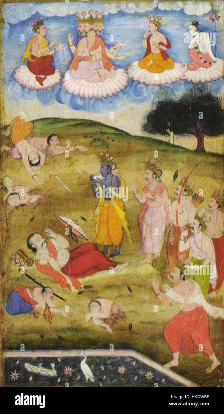 Dieses Gemälde zeigt den Moment im Mahabharata, in dem Krishna seine Muschelhülle sprengt und damit das Ende des großen Krieges signalisiert. Der Klang der Muschelschale markiert den Abschluss der Schlacht und symbolisiert den Sieg und die Rückkehr zum Frieden. Die Szene ist in der hinduistischen Mythologie und Spiritualität von großer Bedeutung. Stockfoto