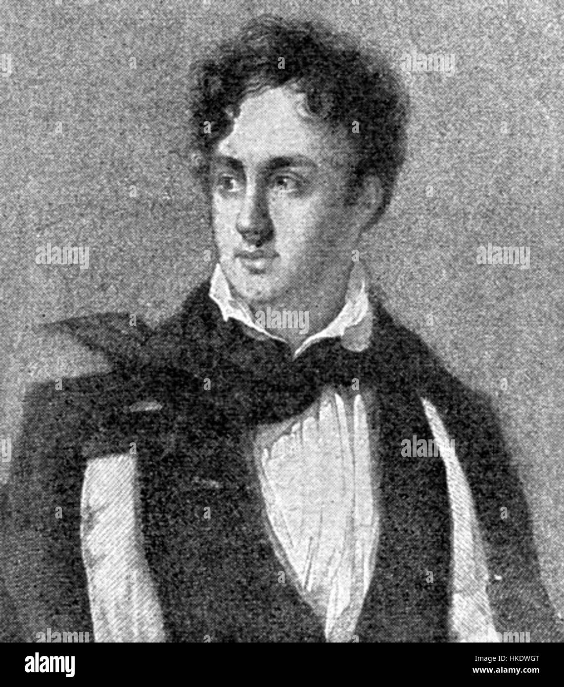 Das Porträt von George Gordon Byron fängt den ikonischen britischen Dichter ein, der für seine Beiträge zur romantischen Literatur bekannt ist. Das Gemälde betont seine intellektuelle und charismatische Persönlichkeit im 19. Jahrhundert. Stockfoto