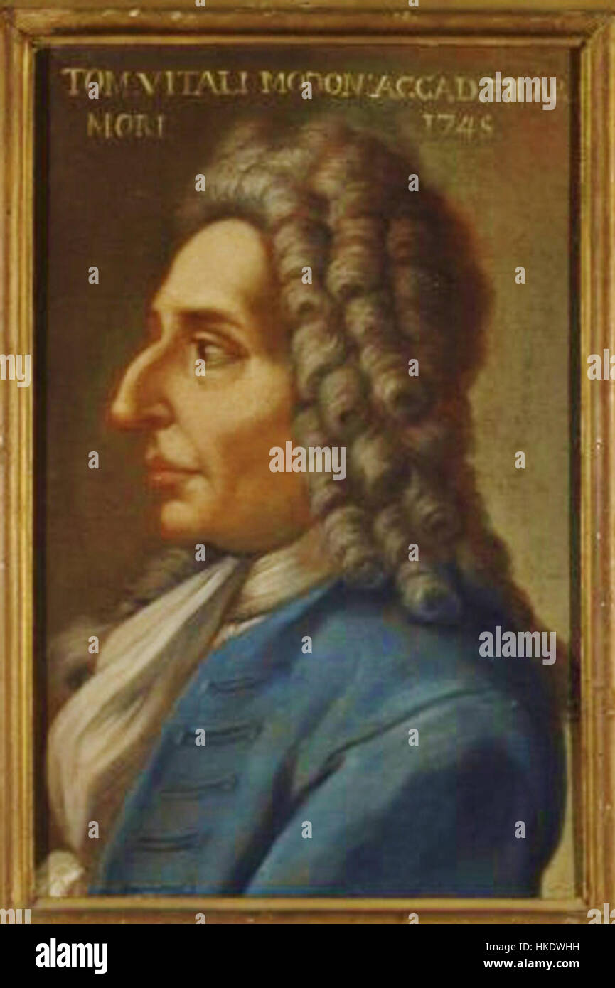 Dieses Gemälde zeigt *Tomaso Antonio Vitali*, einen Künstler, der für seine Beiträge zur Barockmusik bekannt ist. Das Porträt fängt seine Persönlichkeit mit detaillierter Darstellung ein und zeigt sowohl seine Merkmale als auch die Zeit, die er durch seine ausdrucksstarken Gesten und seinen charakteristischen Stil repräsentierte. Stockfoto