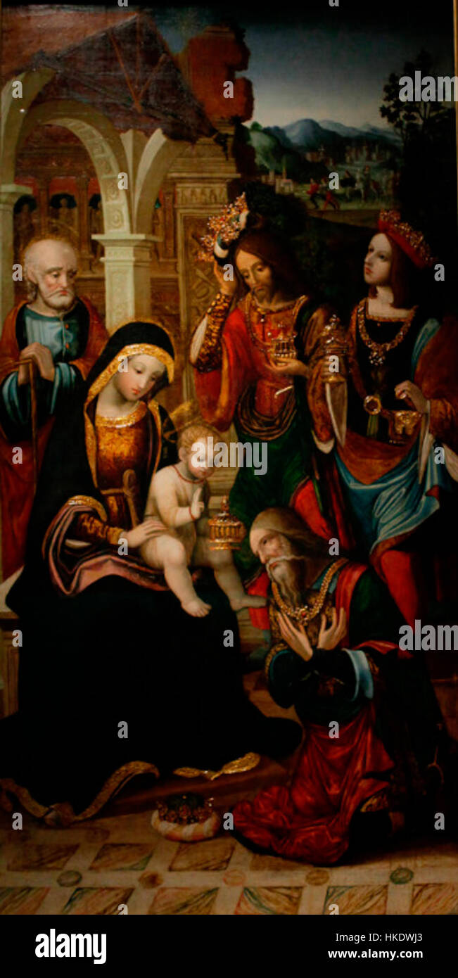 Dieses Ölgemälde, das dem Glasgower Meister zugeschrieben wird, zeigt die biblische Szene der Anbetung der Könige. Es spiegelt religiöse Kunst der Renaissance mit satten Farben und detaillierten Figuren wider. Stockfoto