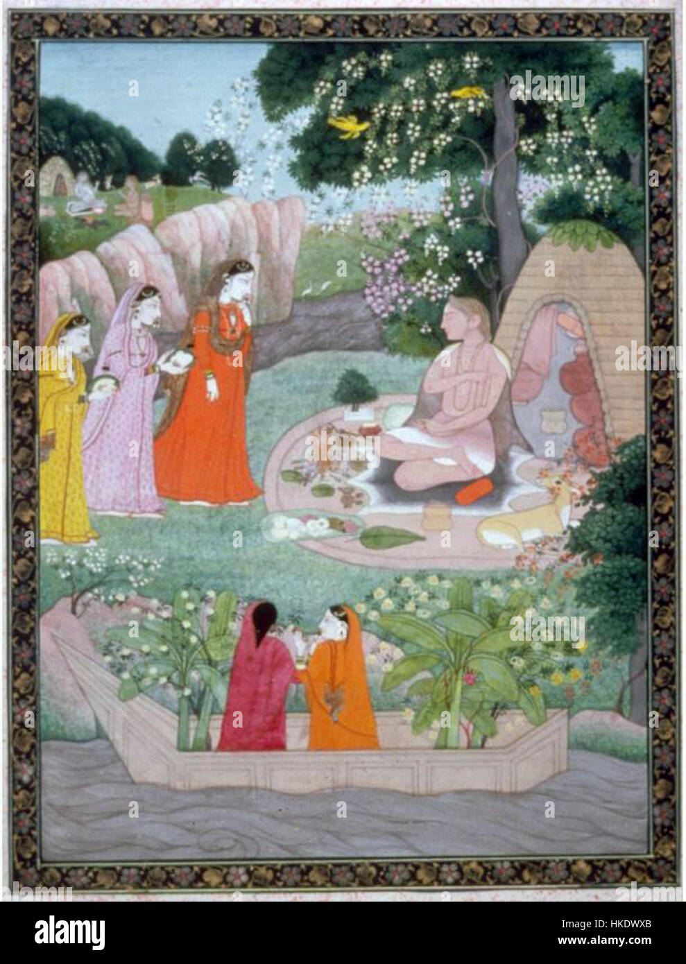 Das Gemälde zeigt eine Gruppe von Frauen, die den Weisen Rishyashringa besuchen, eine verehrte Figur in der hinduistischen Mythologie. Die Szene fängt die spirituelle Atmosphäre und die Hingabe der Frauen ein, mit Aufmerksamkeit für kulturelle Details in der Kleidung und Umgebung, und bietet Einblick in religiöse Praktiken und Hingabe im alten Indien. Stockfoto