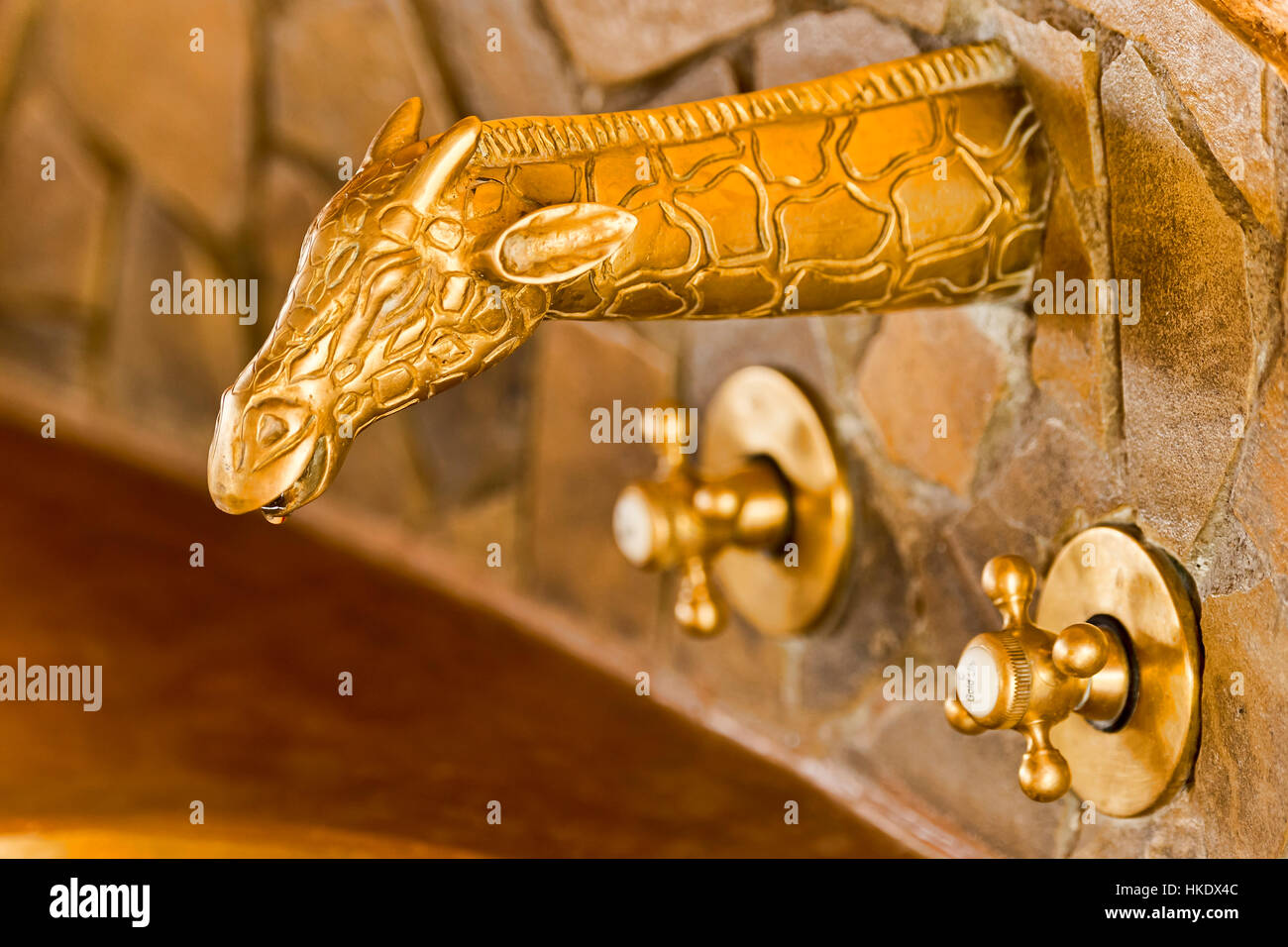 Giraffe-Messing-Armaturen im Badezimmer, Kenia Stockfoto