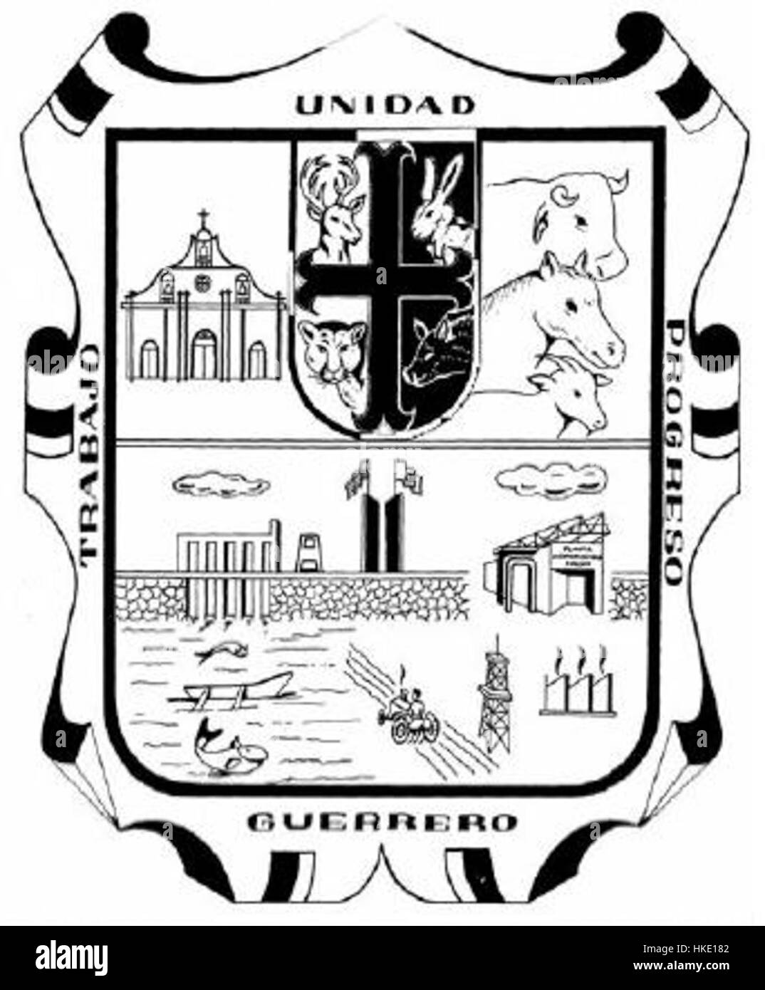 Dieses Gemälde eines Escudo, ein traditionelles Emblem, unterstreicht das komplizierte Design und den Symbolismus, der oft mit heraldischen Objekten und Wappen verbunden ist. Stockfoto