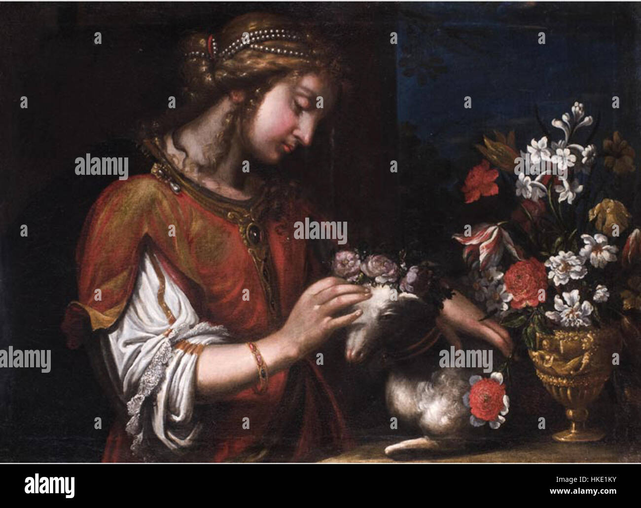 „Saint Agnes“ von Agostino Melissi ist ein religiöses Kunstwerk, das das Martyrium von Saint Agnes darstellt, einer christlichen heiligen, die für ihre Reinheit und ihren Glauben bekannt ist. Das Gemälde zeigt sie in einer ruhigen, aber kraftvollen Pose, die ihre Unschuld und göttliche Verbindung unterstreicht. Melissis Stil betont emotionale Tiefe und spirituelle Bedeutung in dieser religiösen Szene. Stockfoto