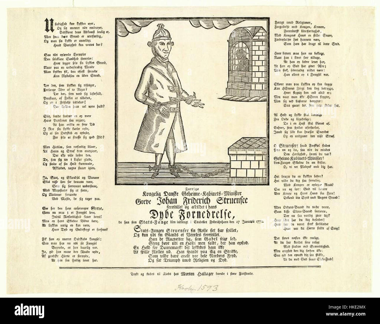 Das Gemälde zeigt Greve Johan Friderich Struensee, einen dänischen Arzt und Politiker, der im 18. Jahrhundert in Dänemark eine bedeutende politische Macht innehatte. Struensees Porträt ist bekannt für seine fortschreitenden Reformen und seinen umstrittenen Niedergang und stellt seine kurze, aber wirkungsvolle Rolle in der dänischen Geschichte dar. Stockfoto