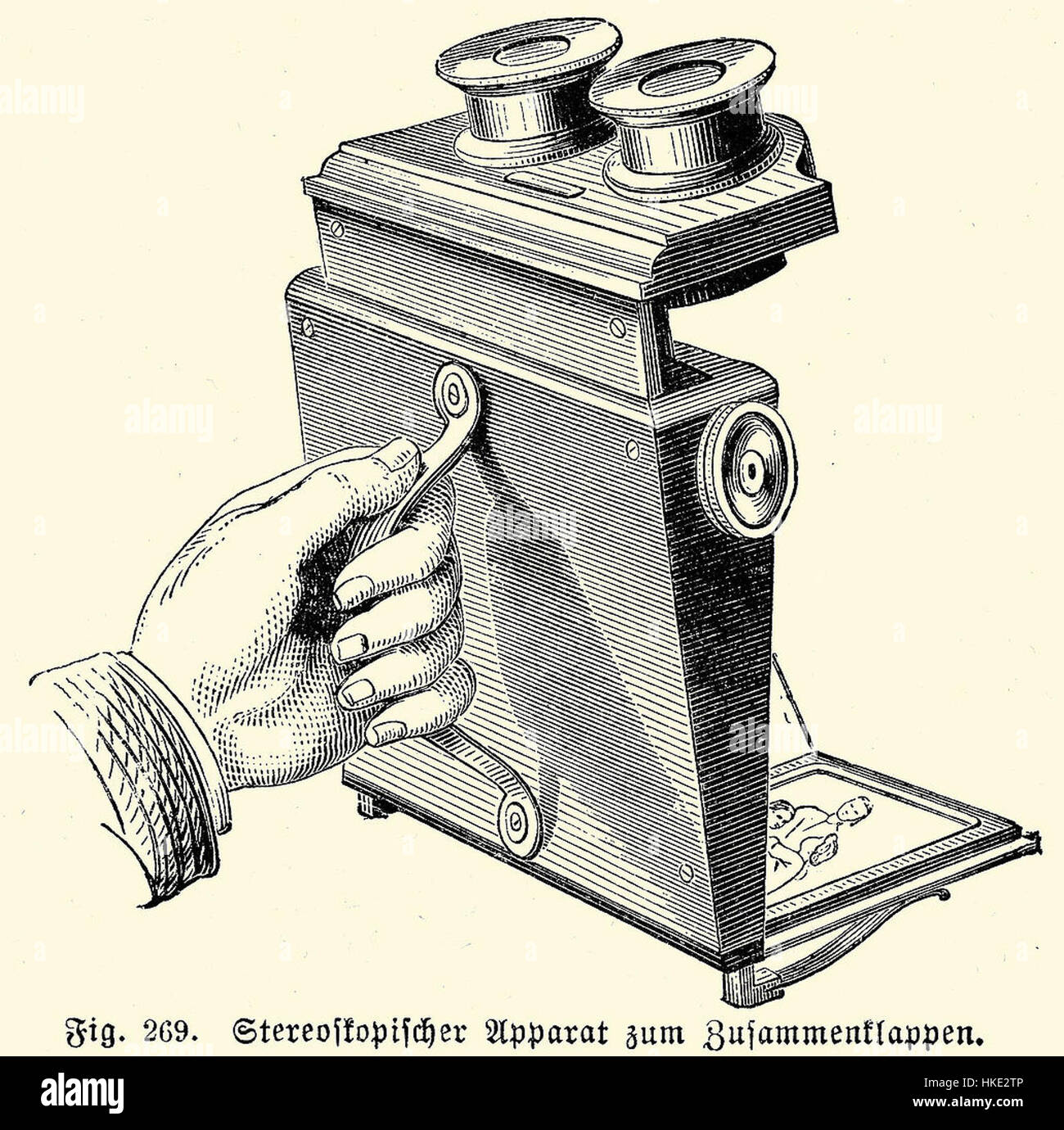 Das 1877 Faltstereoskop ist ein frühes optisches Gerät, das zur Anzeige stereoskopischer Bilder verwendet wird. Dieser tragbare Viewer war im 19. Jahrhundert beliebt für die Anzeige von 3D-fotografischen Bildern und trug zur Entwicklung der visuellen Technologie bei. Stockfoto
