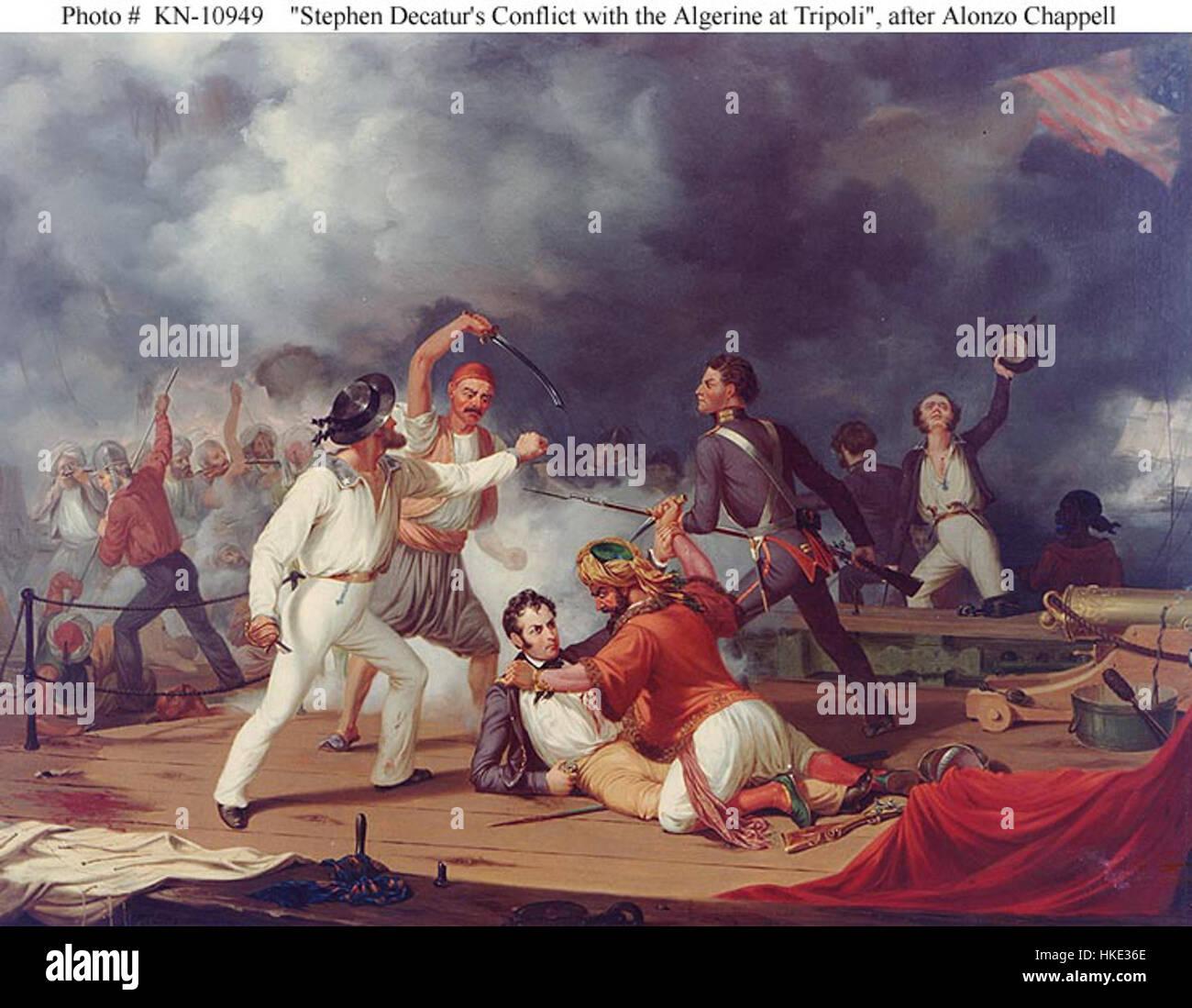 Ein Gemälde der US Navy Fregatte USS Decatur, geschaffen von dem Künstler Chappell. Das Kunstwerk stellt das Schiff in einer historischen Marinestruktur dar, die die Bedeutung des Schiffes in der amerikanischen Marinestruktur des frühen 19. Jahrhunderts widerspiegelt. Stockfoto