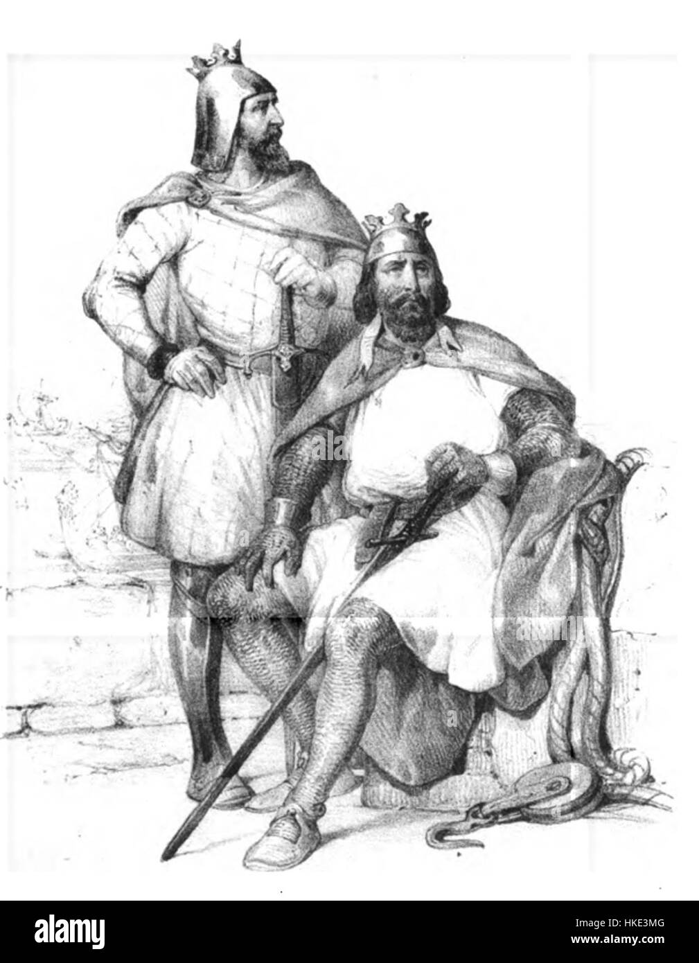 Dieses Porträt von Guiscard Roger le Grand Comte zeigt eine historische Darstellung der edlen Figur. Das Kunstwerk fängt die herrliche Pracht und Führung dieses bedeutenden Charakters in der mittelalterlichen europäischen Geschichte ein. Stockfoto