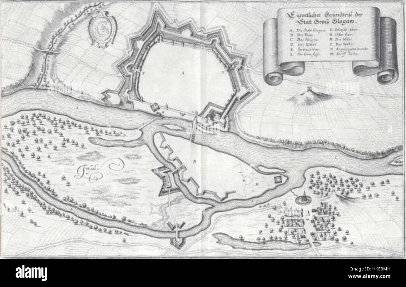 Dieses 1650 entstandene Gemälde zeigt die Stadt Glogów in Polen. Das Kunstwerk bietet eine historische Darstellung der Stadt und zeigt ihre Architektur und Umgebung aus der Mitte des 17. Jahrhunderts. Stockfoto Dieses 1650 entstandene Gemälde zeigt die Stadt Glogów in Polen. Das Kunstwerk bietet eine historische Darstellung der Stadt und zeigt ihre Architektur und Umgebung aus der Mitte des 17. Jahrhunderts. Stockfoto