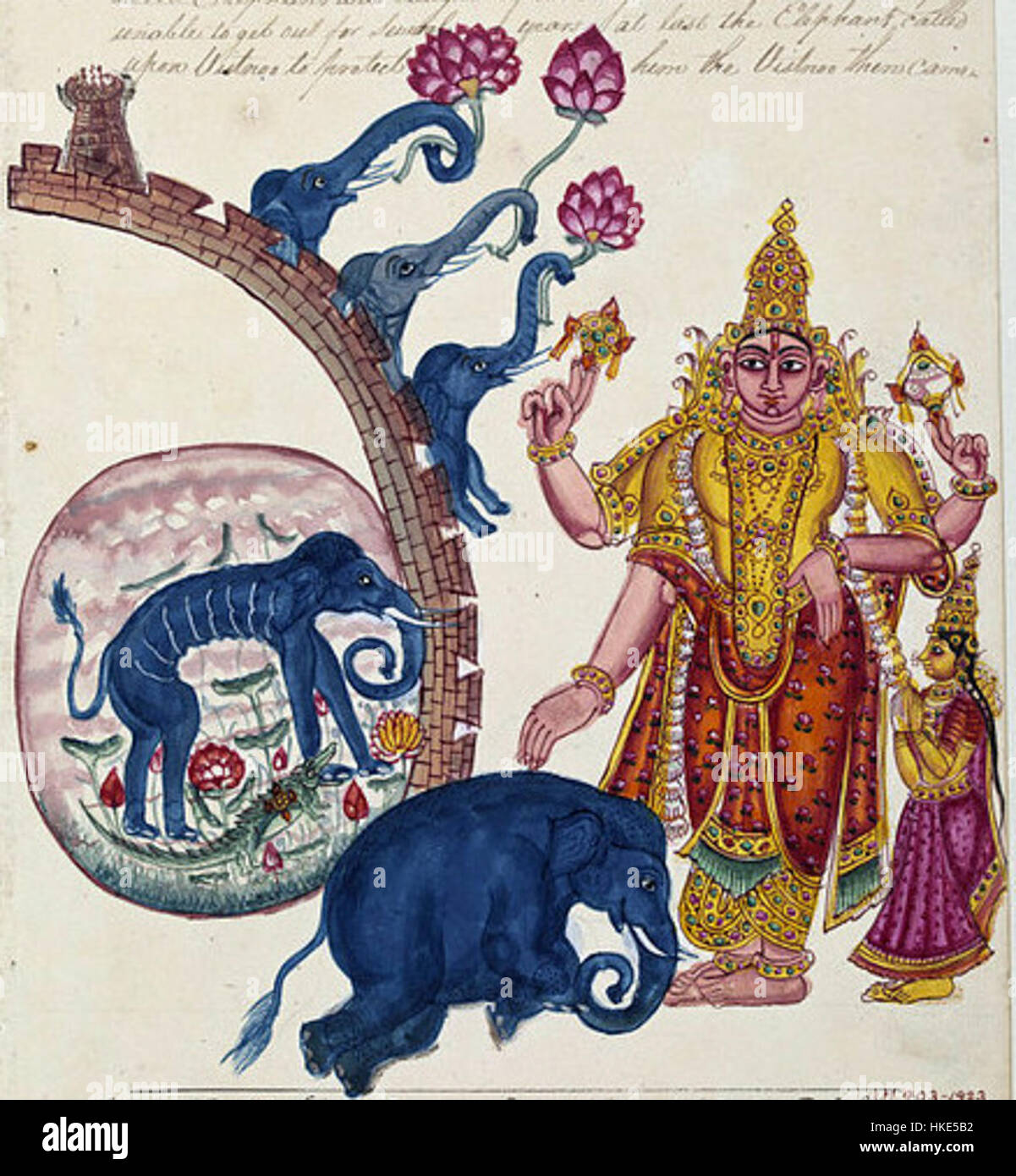 Gajendramoksha ist eine hinduistische mythologische Szene, die den Moment darstellt, in dem Lord Vishnu den Elefanten Gajendra aus den Klauen eines Krokodils rettet. Dieses Kunstwerk veranschaulicht die göttliche Intervention in einem Moment der Krise und symbolisiert Glauben und Erlösung. Stockfoto Gajendramoksha ist eine hinduistische mythologische Szene, die den Moment darstellt, in dem Lord Vishnu den Elefanten Gajendra aus den Klauen eines Krokodils rettet. Dieses Kunstwerk veranschaulicht die göttliche Intervention in einem Moment der Krise und symbolisiert Glauben und Erlösung. Stockfoto