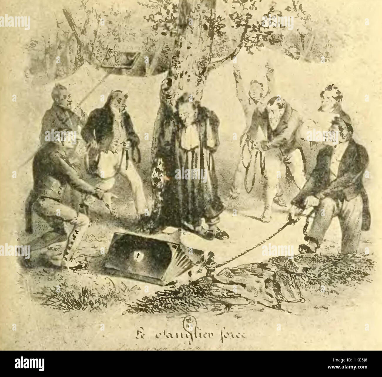 Ein Kunstwerk, das eine Szene aus der „Histoire Socialiste VIII“ illustriert, die historische Momente der sozialistischen Geschichte einfängt. Das Stück konzentriert sich auf bedeutende politische oder soziale Persönlichkeiten aus der sozialistischen Bewegung. Stockfoto