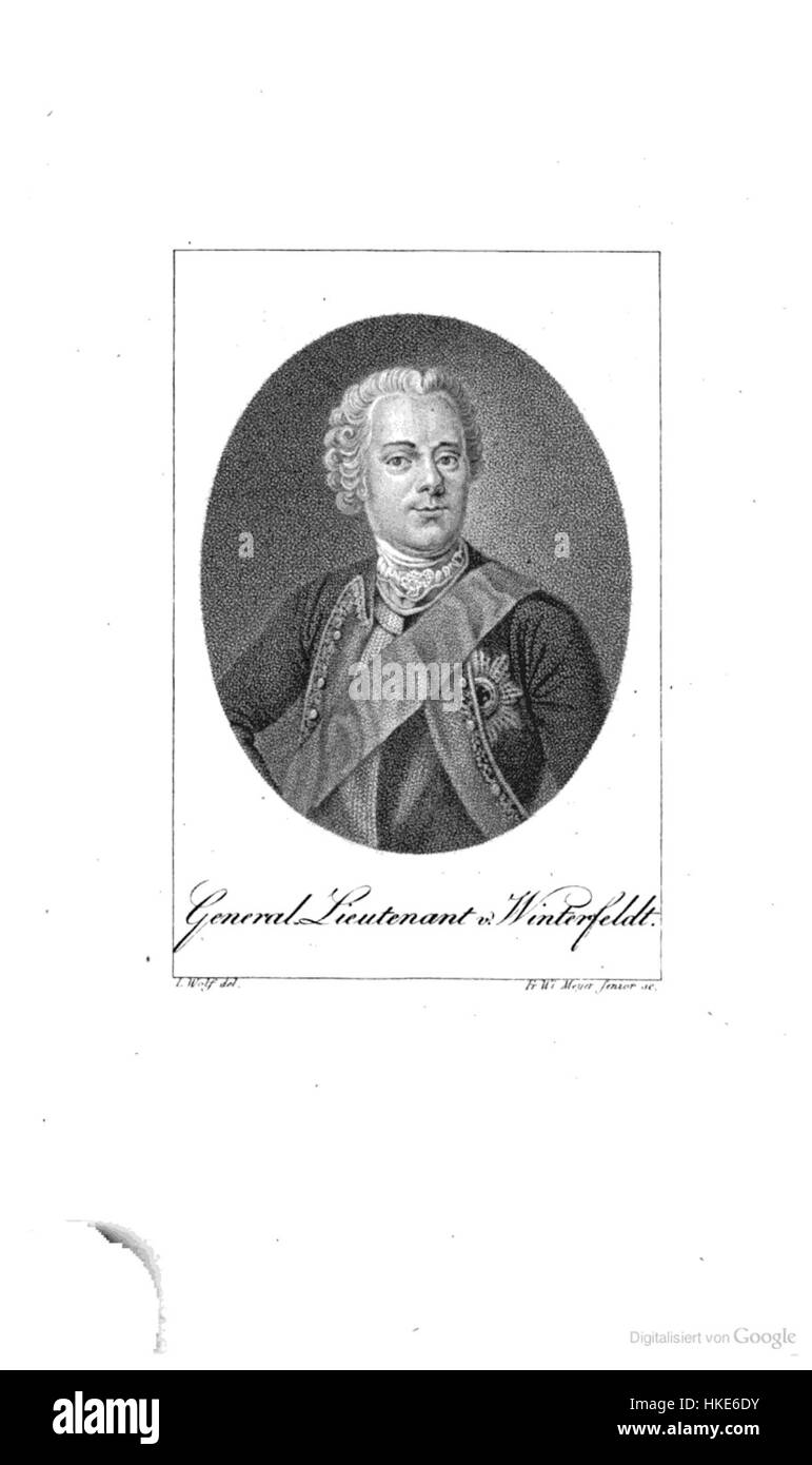 Das Porträt zeigt Hans Karl von Winterfeldt, eine historische Figur aus dem 18. Jahrhundert. Als Militäroffizier spielte er eine wichtige Rolle in der europäischen Kriegsführung, insbesondere in der preußischen Armee während des Siebenjährigen Krieges. Stockfoto