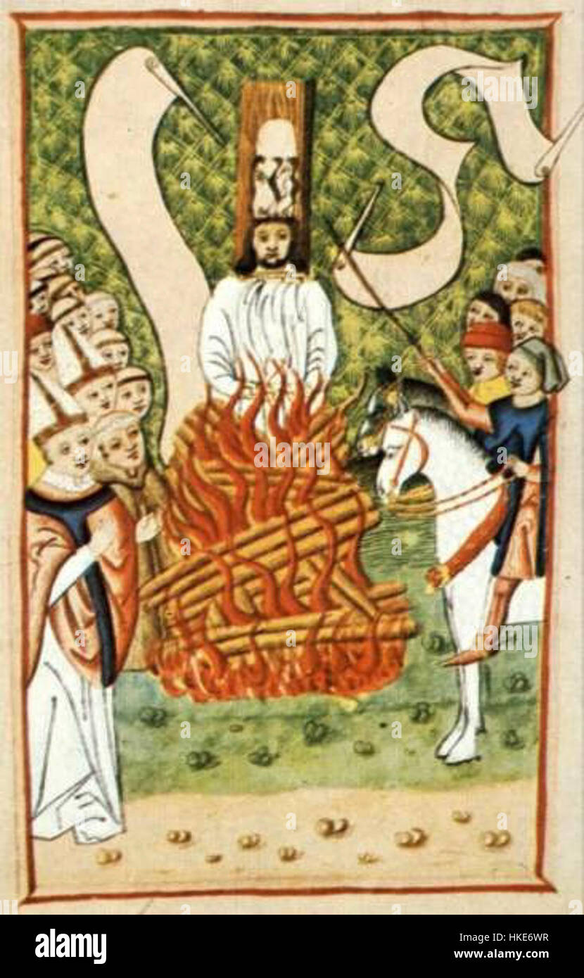 Dieses dramatische Gemälde eines unbekannten Künstlers aus dem 15. Jahrhundert fängt den Moment des Martyriums von Jan Hus ein. HUS, ein böhmischer religiöser Reformator, wurde wegen seines Glaubens auf dem Scheiterhaufen verbrannt, und das Kunstwerk spiegelt die Spannung seiner Missetat gegen die damaligen religiösen Autoritäten wider. Stockfoto