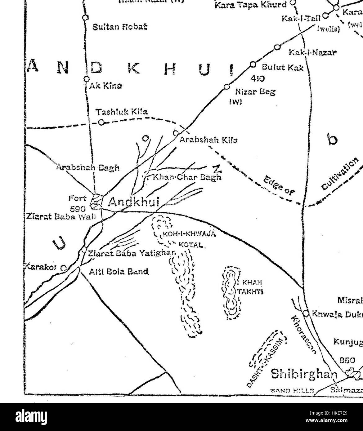 Die „Karte von Andchoy“ aus dem Jahr 1886 veranschaulicht die geographischen und wissenschaftlichen Erkenntnisse der Zeit. Es wurde Ende des 19. Jahrhunderts geschaffen und bietet einen Einblick in die Landschaft und kartographische Praktiken der Epoche, mit einem Schwerpunkt auf der Region Andchoy, Afghanistan. Stockfoto