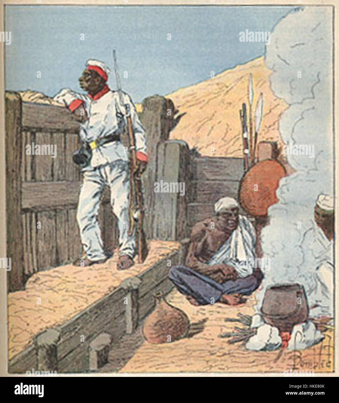 Dieses Kunstwerk von Henri Gallichet und Louis Charles Bombled zeigt die Merina-Truppen während des Krieges von 1896 in Madagaskar. Das Gemälde reflektiert die historischen militärischen Ereignisse dieser Zeit, wobei der Schwerpunkt auf der Kleidung der Soldaten und der Intensität des Konflikts liegt und einen Einblick in die französische Kolonialgeschichte bietet. Stockfoto