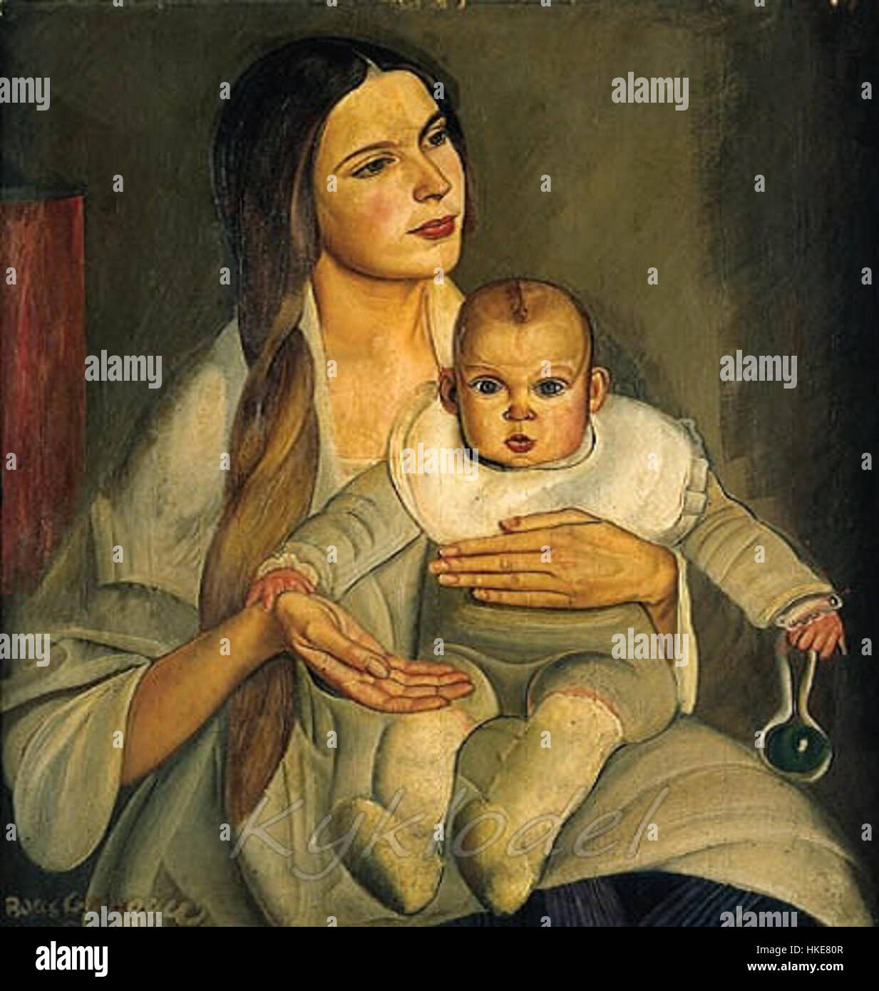 „Mutterschaft“ von B. Grigoriev mit N. Peshkowa schildert die kraftvolle und zärtliche Beziehung zwischen Mutter und Kind. Das Gemälde fängt das Wesen der mütterlichen Liebe ein und verwendet ausdrucksstarke Pinsel, um tiefe Emotionen zu vermitteln. Stockfoto