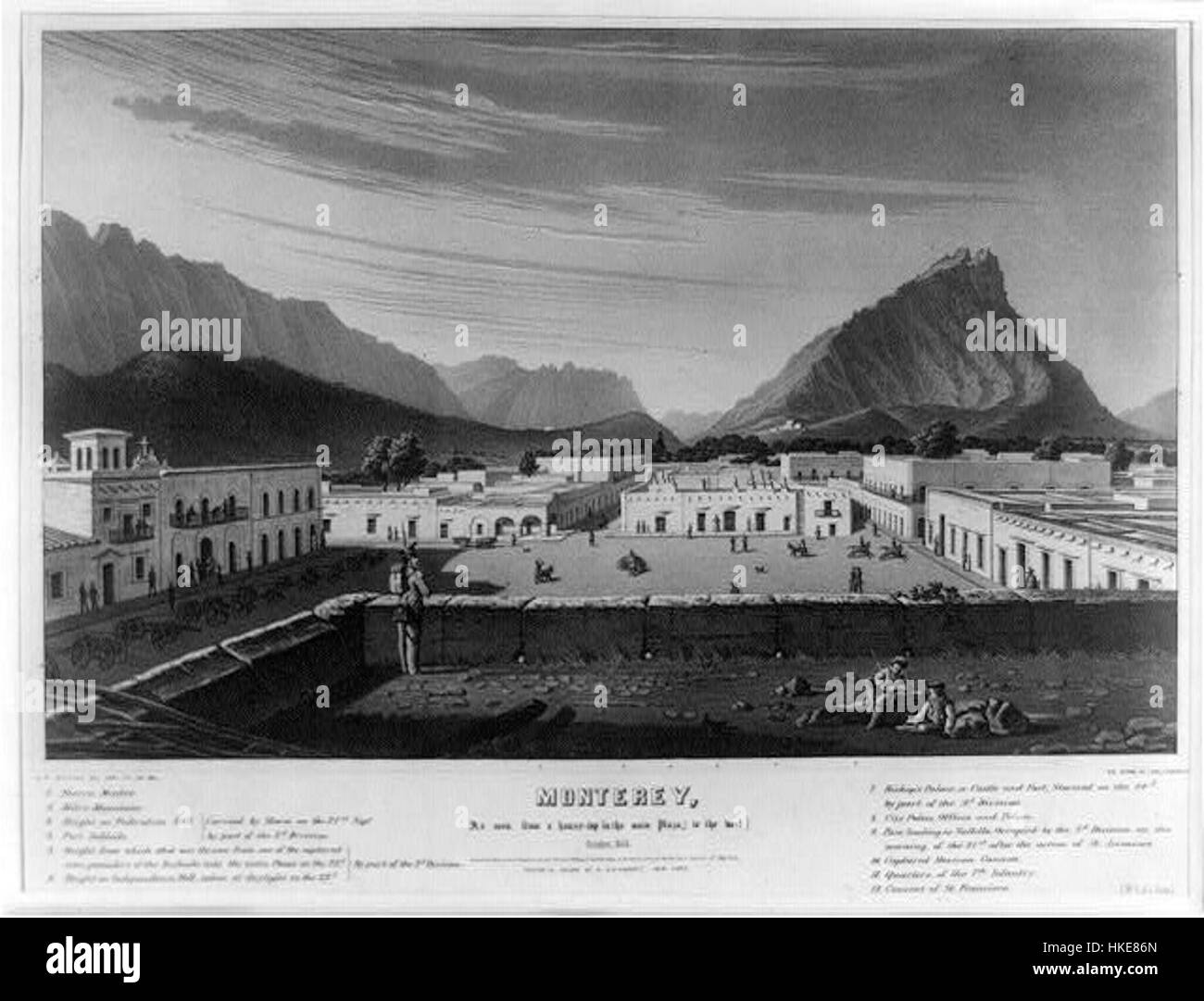 Dieses historische Gemälde mit dem Titel *Monterrey to the West* vom Oktober 1846 erfasst die westliche Expansion Amerikas. Die Szene zeigt die amerikanische Grenze in der Mitte des 19. Jahrhunderts und betont die Erforschung und militärischen Bewegungen der Zeit. Stockfoto