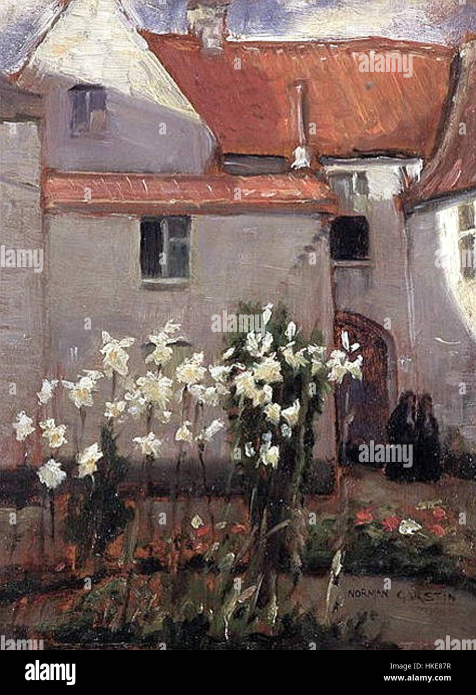 „Madonna Lilies“ von Norman Garstin ist ein Ölgemälde mit einem Porträt der Jungfrau Maria umgeben von Lilien, das Reinheit und Anmut symbolisiert. Das Kunstwerk ist bekannt für seine zarten Pinselstriche und die Verwendung von Licht, um die friedliche Natur des Motivs zu verbessern. Stockfoto