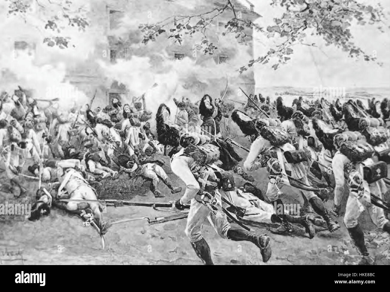 „Österreichische Grenadiere bei Essling“ von Myrbach zeigt Soldaten der österreichischen Armee während der Schlacht bei Aspern-Essling 1809 und zeigt die militärische Kleidung und das Verhalten der damaligen Zeit. Stockfoto