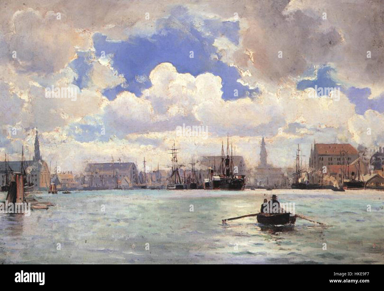Ioannis Altamouras’ Gemälde des Hafens von Kopenhagen fängt die geschäftige maritime Aktivität der Stadt im 19. Jahrhundert ein. Das Kunstwerk zeigt Schiffe, die am Hafen angedockt sind, mit einer lebendigen und detaillierten Darstellung der Kopenhagener Küste. Stockfoto