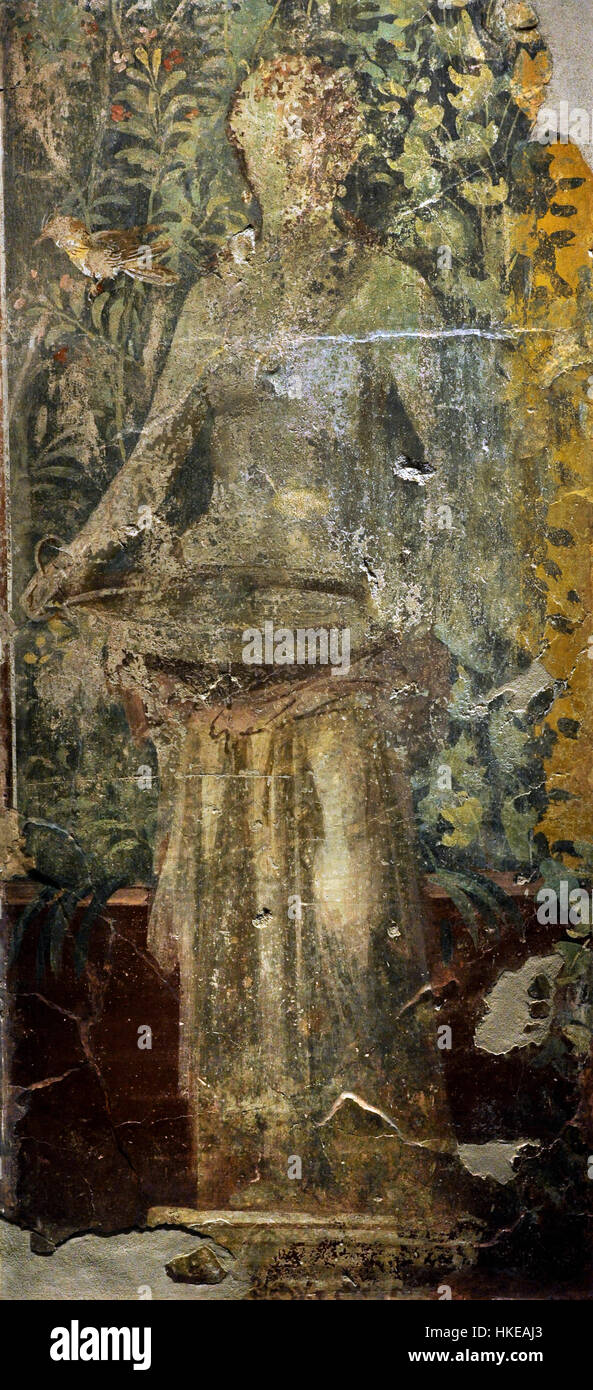 Garten mit der Statue einer Frau mit einem Becken. Aus dem Vesuv. Ersten Hälfte des 1. Jahrhunderts n. Chr.. Unter freiem Himmel. Nationales Archäologisches Museum. Neapel. Italien. Stockfoto
