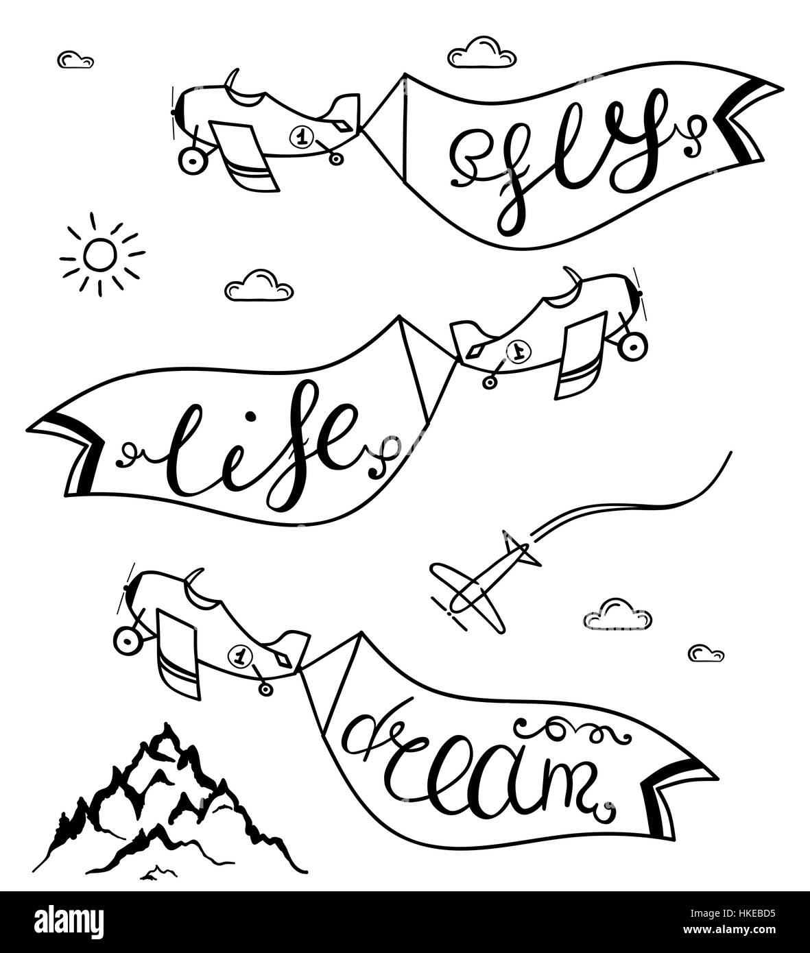 Flugzeug am Himmel mit Werbezeilen Traum, fliegen, Leben - Travel Konzept Abbildung. Vektor Stock Vektor
