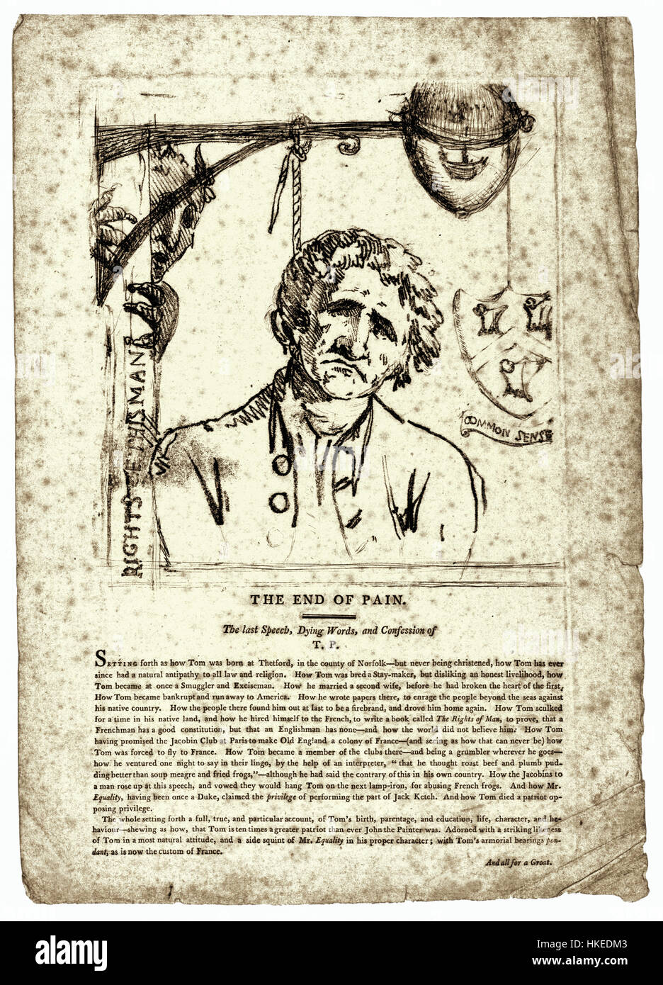 "Das Ende des Schmerzes" satirische print zeigt Thomas Paine (1736-1809) Englisch-amerikanischer politischer Schriftsteller, revolutionär und einer der Gründerväter der Vereinigten Staaten von Amerika an einem Laternenpfahl mit der Aufschrift "Rights of Man", das Buch in der Paine die blutige französische Revolution von 1789 verteidigt. Die gehörnten Kopf von Louis Philippe II, ein Aristokrat, unterstützte die Revolution, aber verlor seinen Kopf sowieso während der Herrschaft des Terrors. Stockfoto