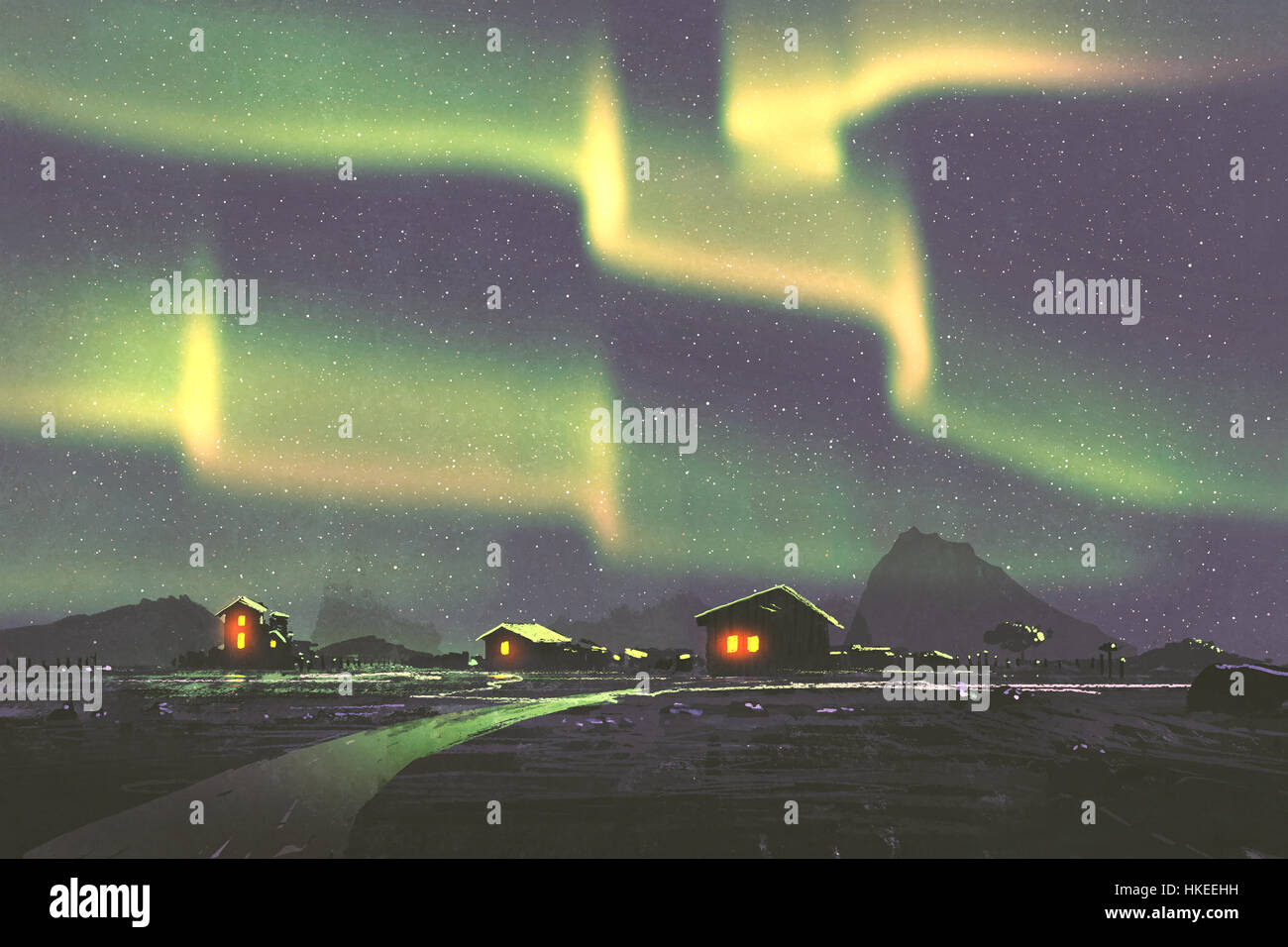 Nachtlandschaft des Dorfes unter Nordlicht Aurora Borealis, Illustration, Malerei Stockfoto