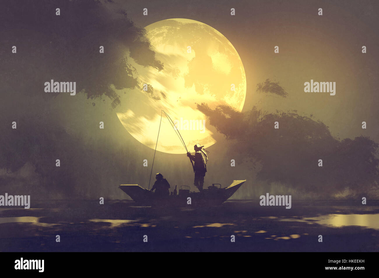 Silhouette der Fischer mit Angel auf Boot und große Mond auf Hintergrund, Illustration, Malerei Stockfoto