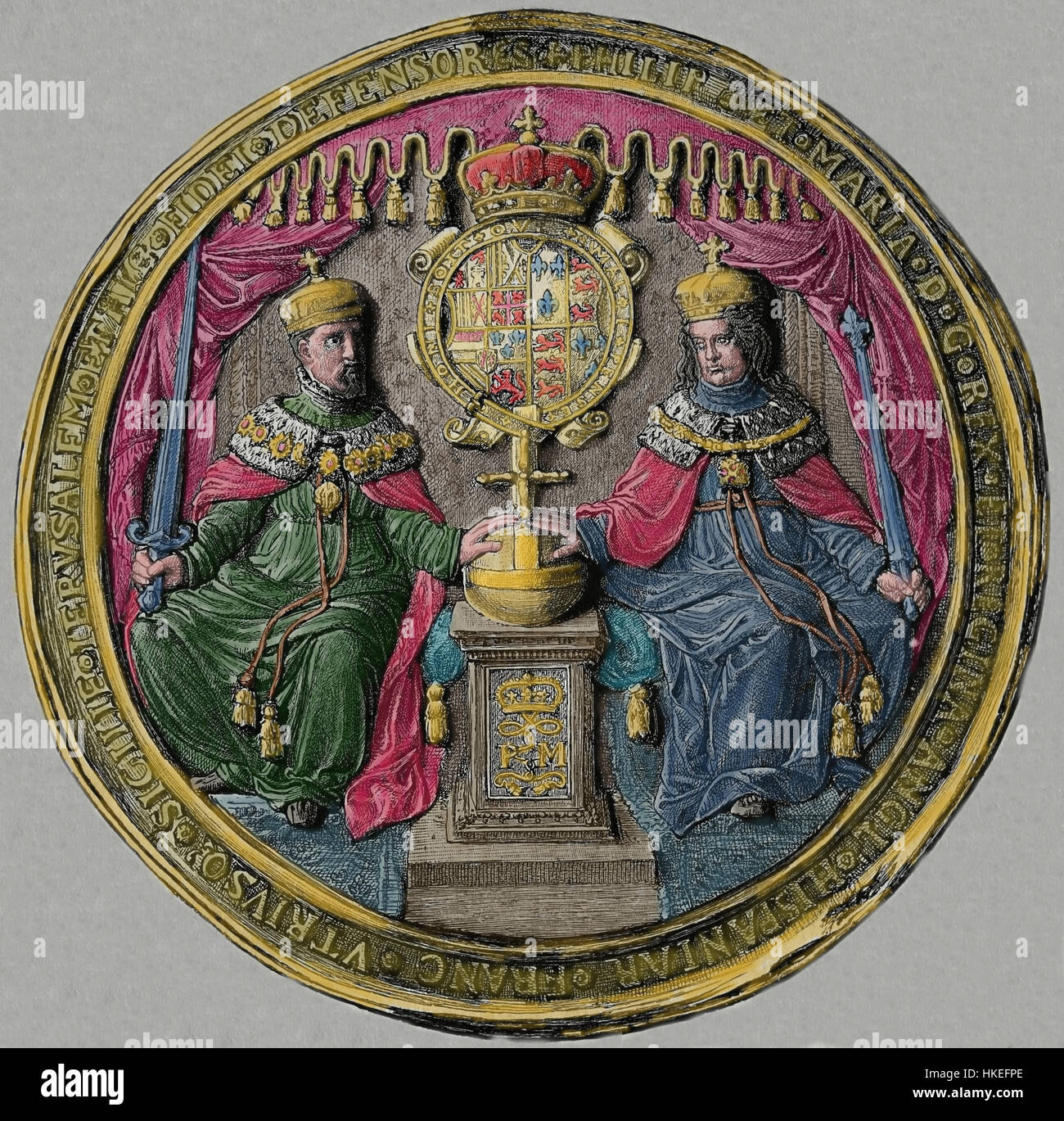 Stempel von Philipp II. von Spanien und Maria i. von England. Gravur. Stockfoto
